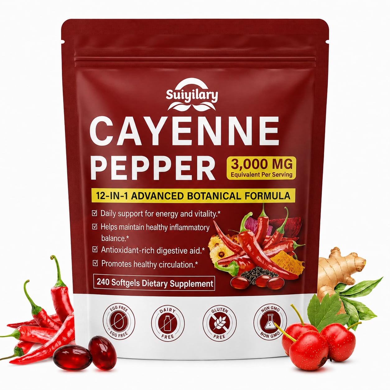Cayenne Pepper Softgels Capsules, Capsaicin Supplements, Supports Leg Vein, Heart, Blood Vessel Health, 12-in-1 Extracts blend Vitamin E D3+K2, Grape Seed, Hawthorn, Beetroot, Berberine (240 count) Red 240 Count (Pack of 1)
