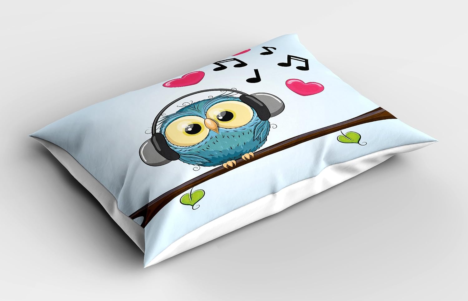 Ambesonne Music Pillow Sham, Cartoon Owl Headphones Hearts Leaves Fashion Playful Fun, Decorative Standard Size Printed Pillowcase, 26" X 20", Blue Brown image 2