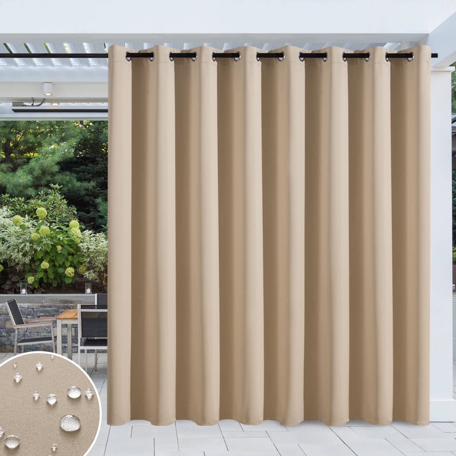 MIULEE Deck Curtains for Outdoor Extra Wide Room Darkening Waterproof Grommet Top Energy Saving Blackout Drapery 1 Piece 100 Inches x 84 Inches Beige