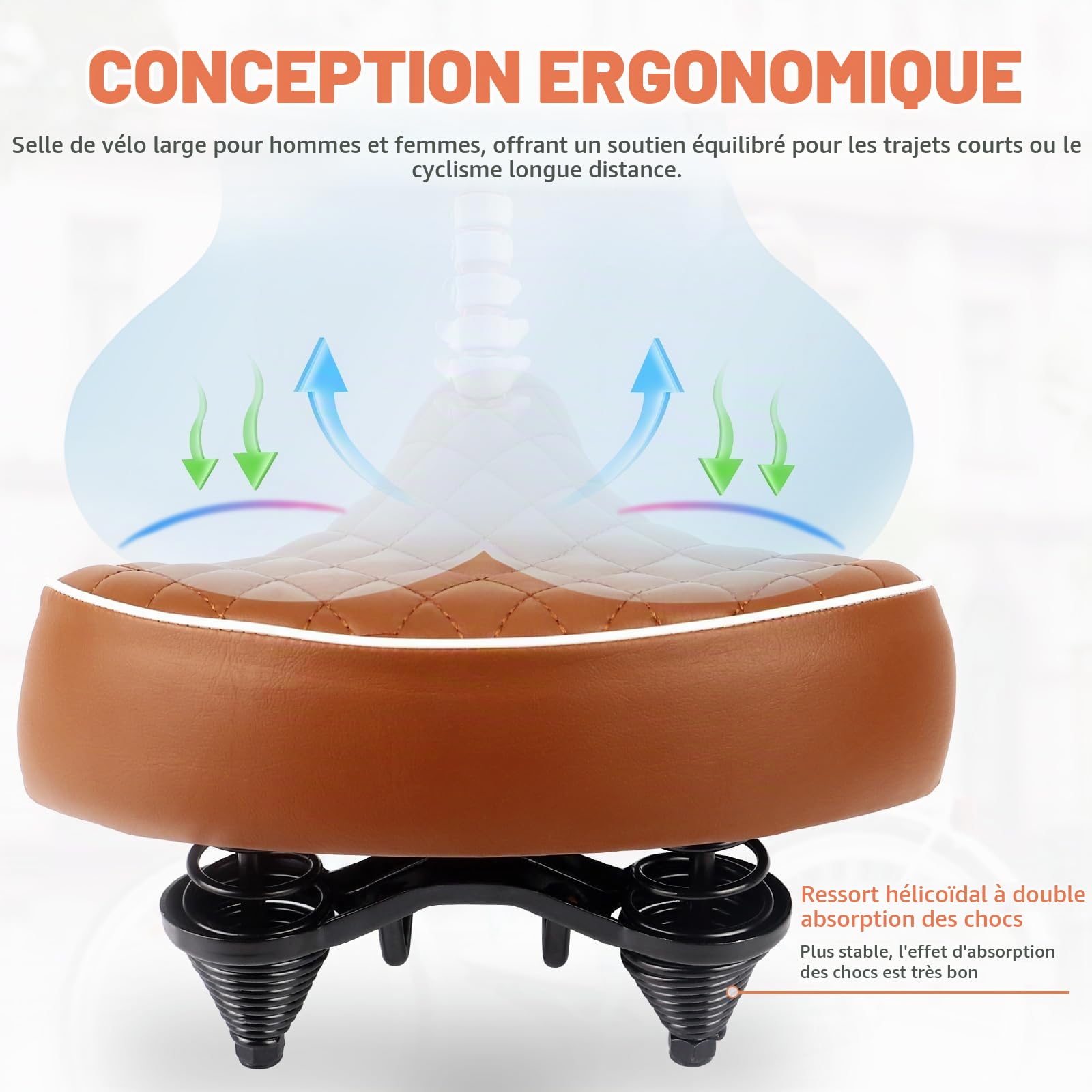 Selle de vélo unisexe confortable, selle rembourrée en mousse à mémoire de forme, siège ergonomique confortable pour vélos de ville, vélos rétro, respirant, imperméable, ajustement universel