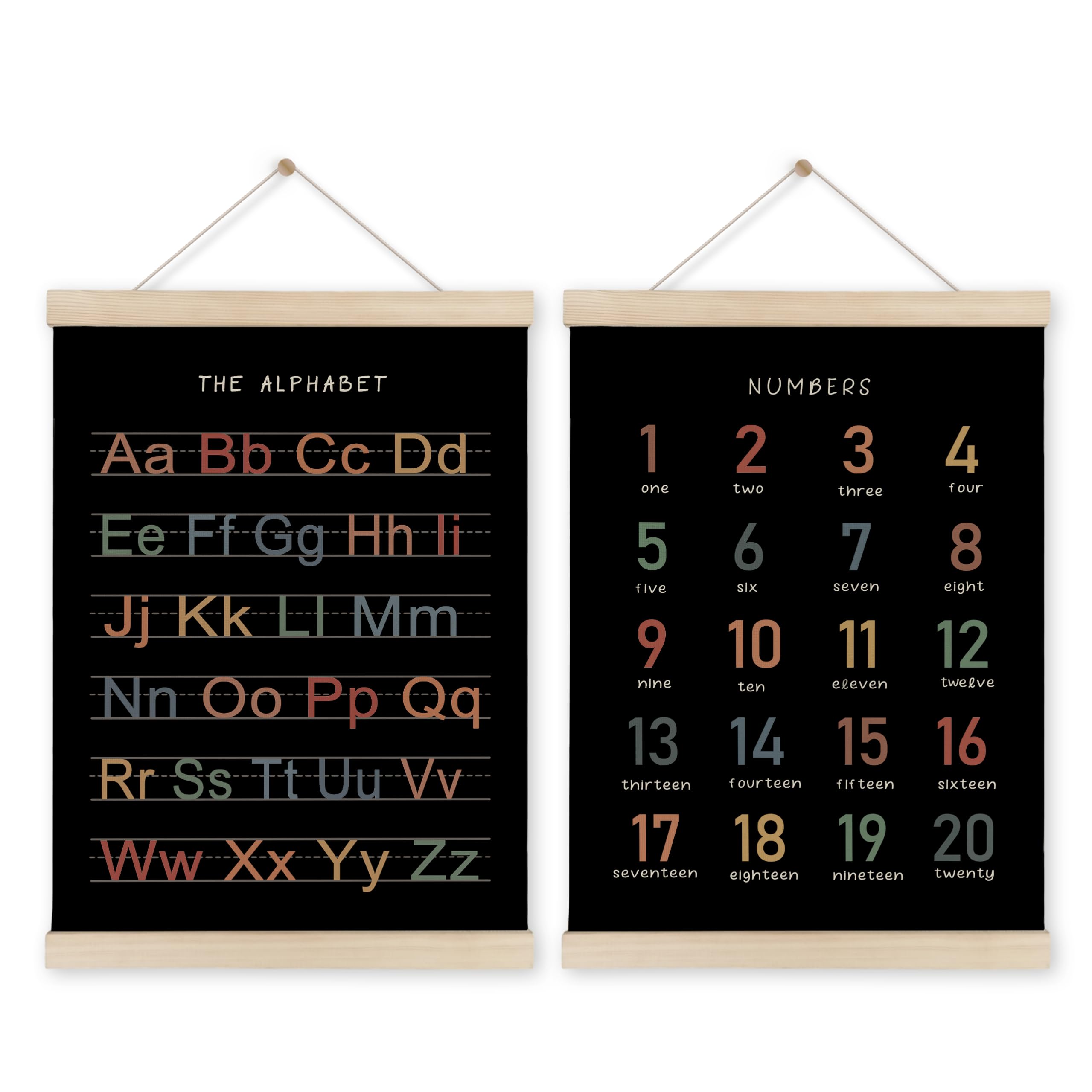HRQKO Alphabet Numbers Poster Hanger Frame Set of 2, Black Nursery Wall Decor, ABC Poster Wall Art with Wooden Frames, Boho Alphabet Banner Wall
