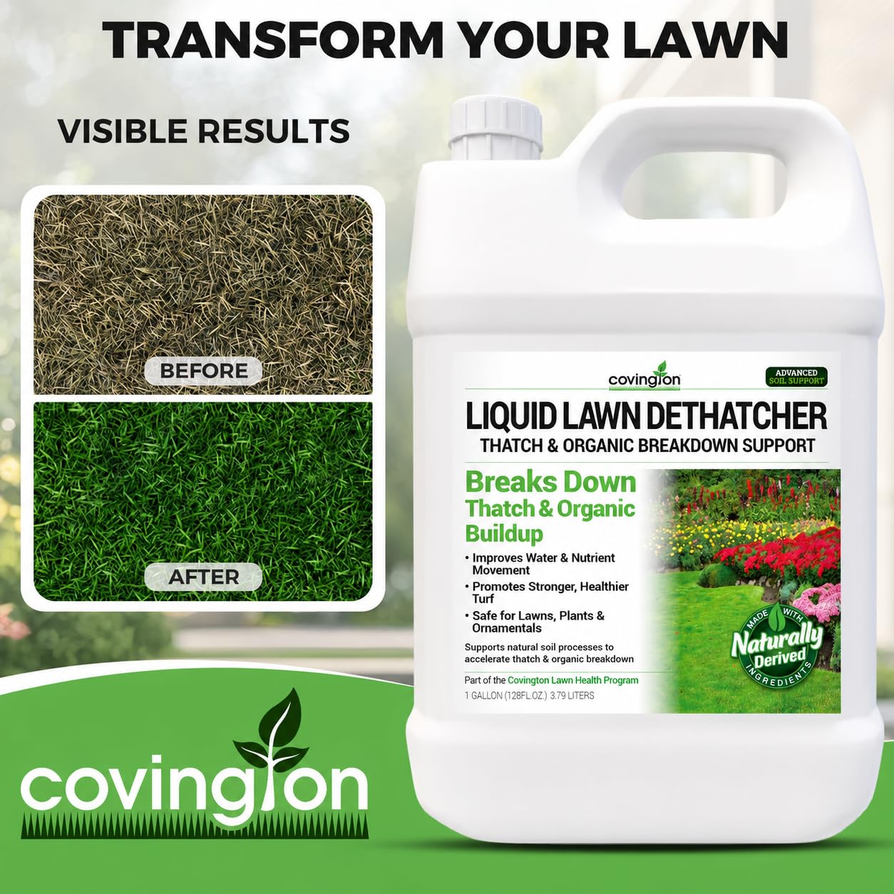 Covington Liquid Lawn Dethatcher (1 Gal) – Liquid Aerator Concentrate & Humic Thatch Remover, Soil Softener & Grass Thatch Buster for Lawns & Gardens – Kids & Pet Safe, Made in USA