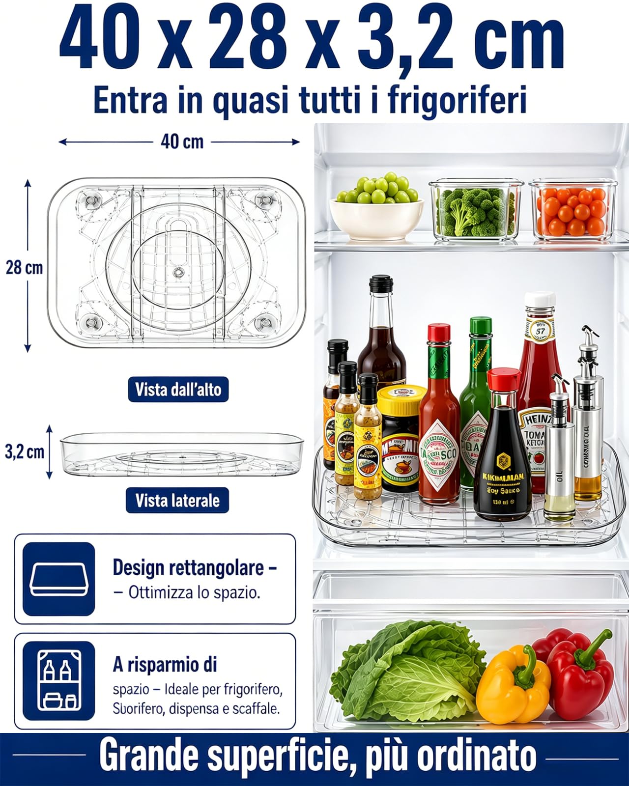 LANMOU Organizer Giradischi per Frigorifero, Lazy Susan Piatto Girevole, Organizer Frigorifero Salvaspazio, 360° Portaspezie Vassoio Girevole Portaoggetti per Frigorifero, Cucina, L40 cm