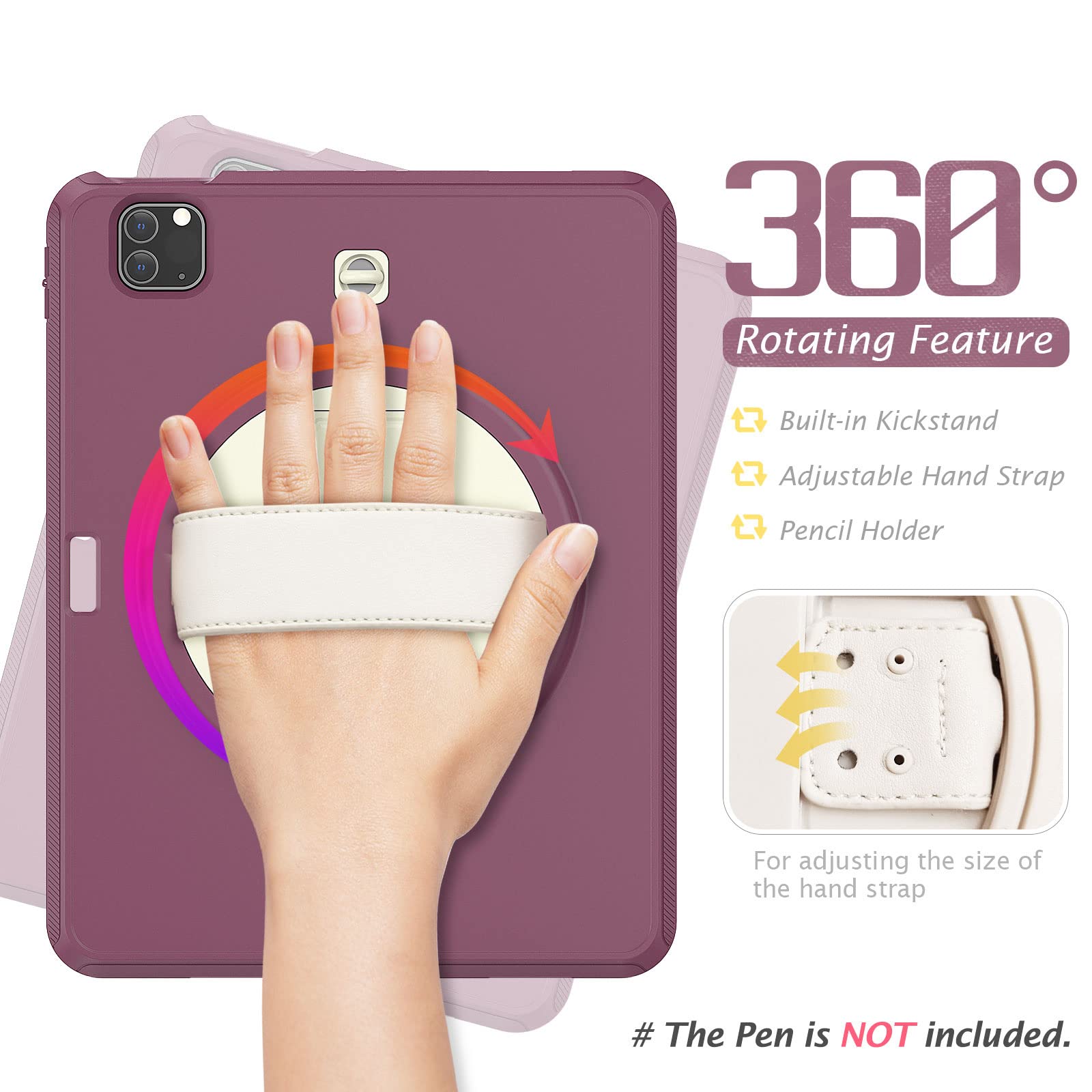 Custodia per iPad PRO 11 Pollici 3a/2a/1a Generazione (2021/2020/ 2018),Rugged Custodia Robusta Ibrida Antiurto Cover Rigida con 360°Supporto Rotante/Cinghie a Mano e Tracolla-Portapenne