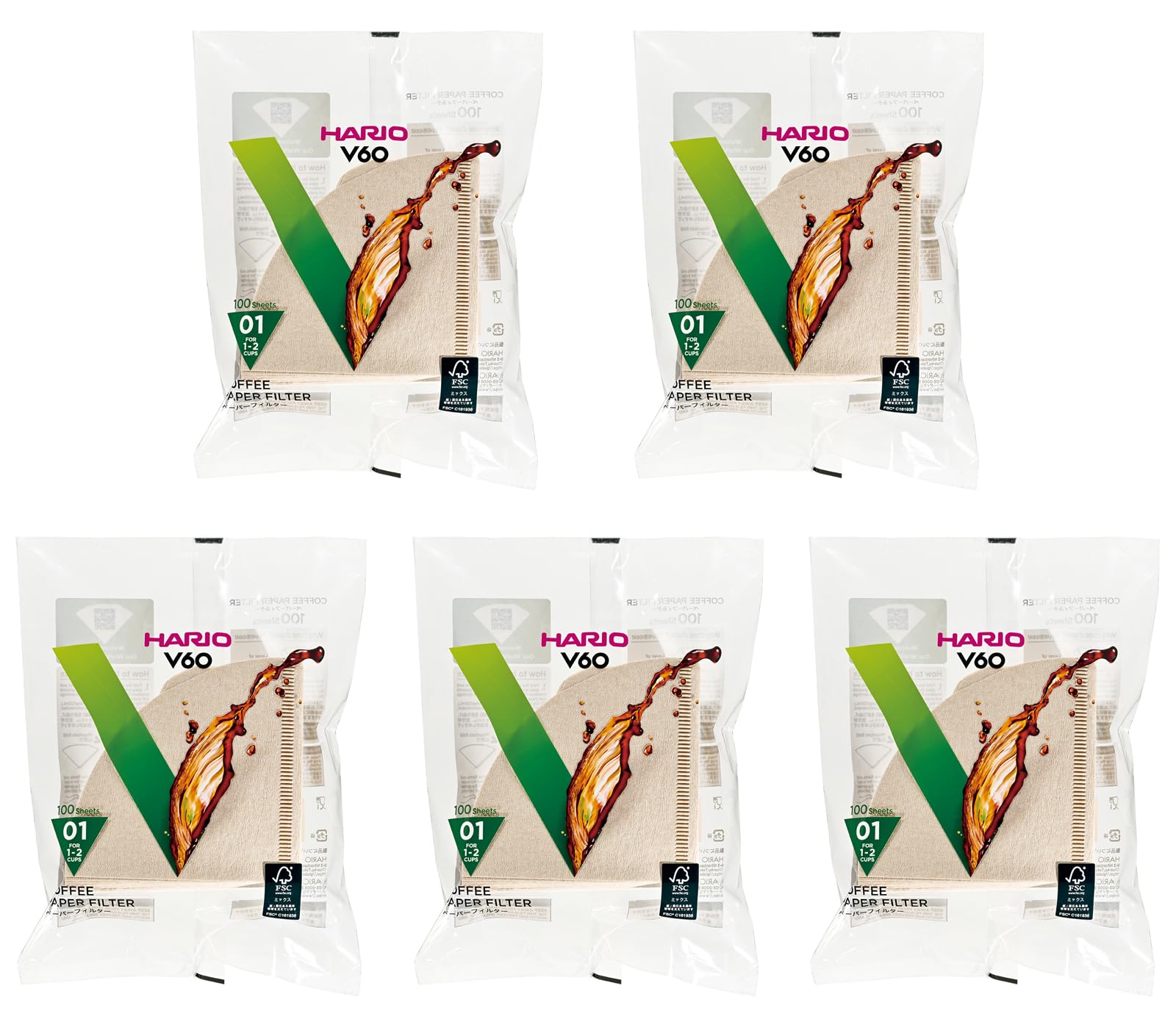 Hario V60 Papierfilter, ungebleicht, natürliche Farbe, Größe 01 (bis zu 2 Tassen), 100 Stück, 5er-Pack (insgesamt 500 Blatt), hergestellt in Japan