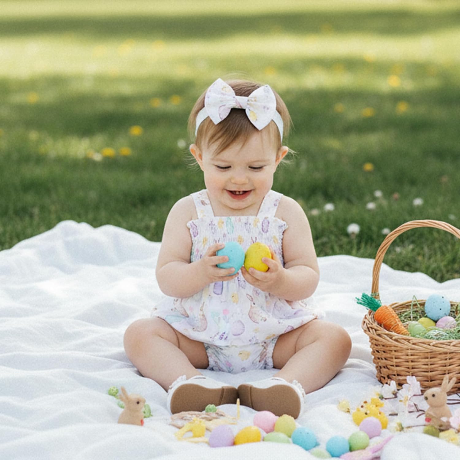 Newborn Infant Baby Girl Easter Outfit Strap Bunny Onesie One Piece Sleeveless Bubble Romper + Headband - Image 2