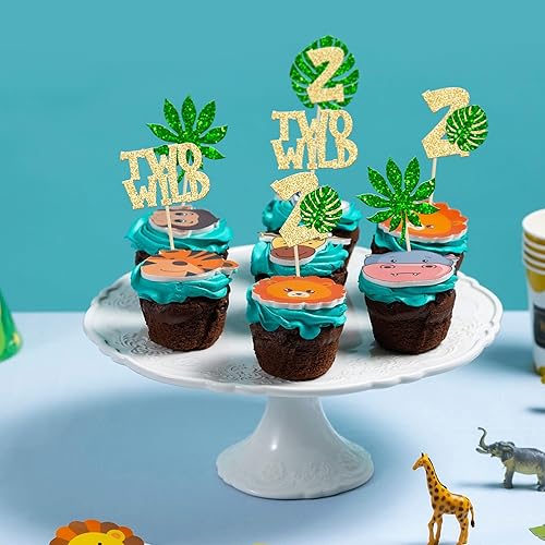 Miniatura 8 de Gyufise 24 piezas de decoración de cupcakes de tres hojas de palmera con purpurina y hojas de Monstera con purpurina y tres púas para cupcakes