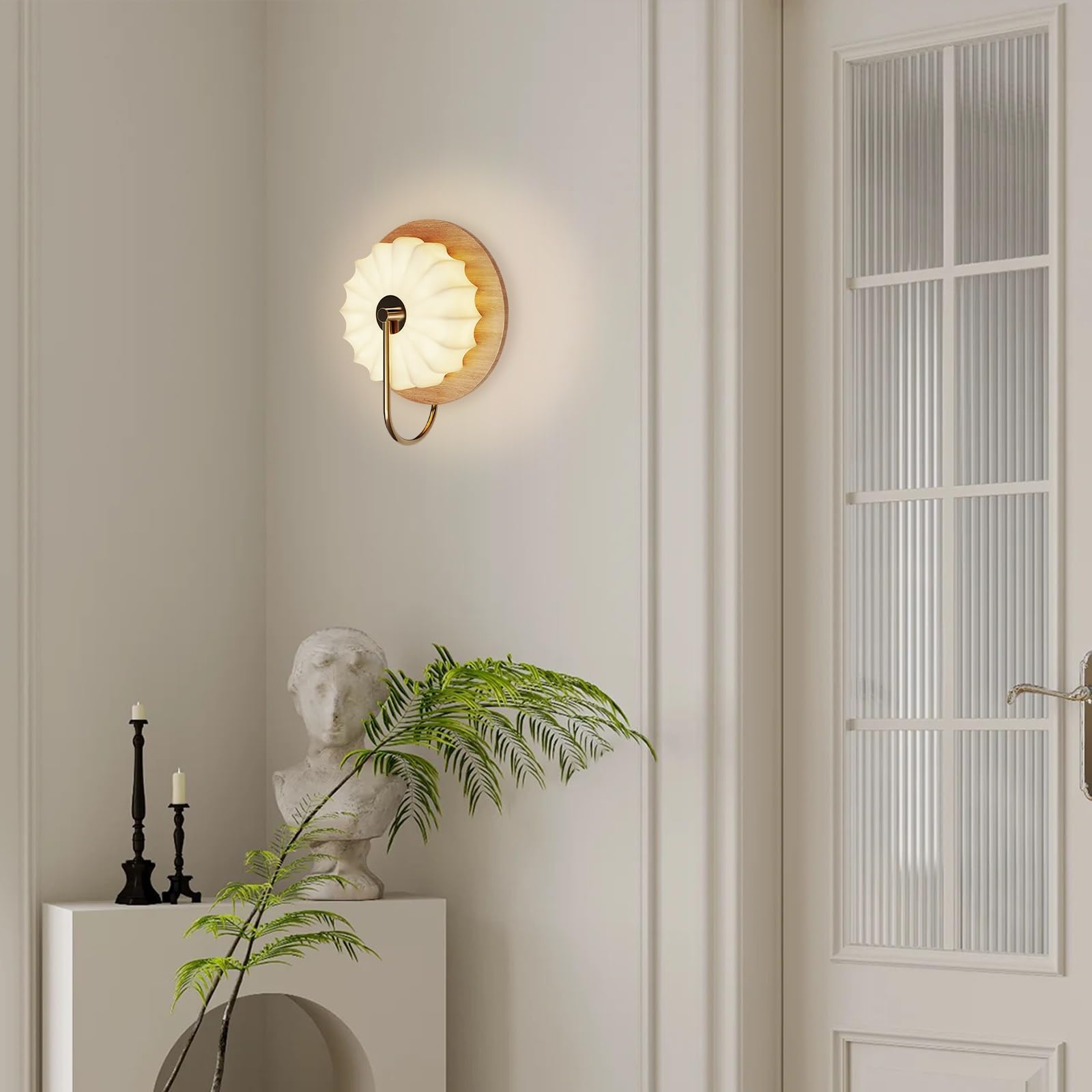 Applique da Parete Rustica in Legno con Paralume in Tessuto, Luce LED da 18W con 3 modalità di Temperatura.