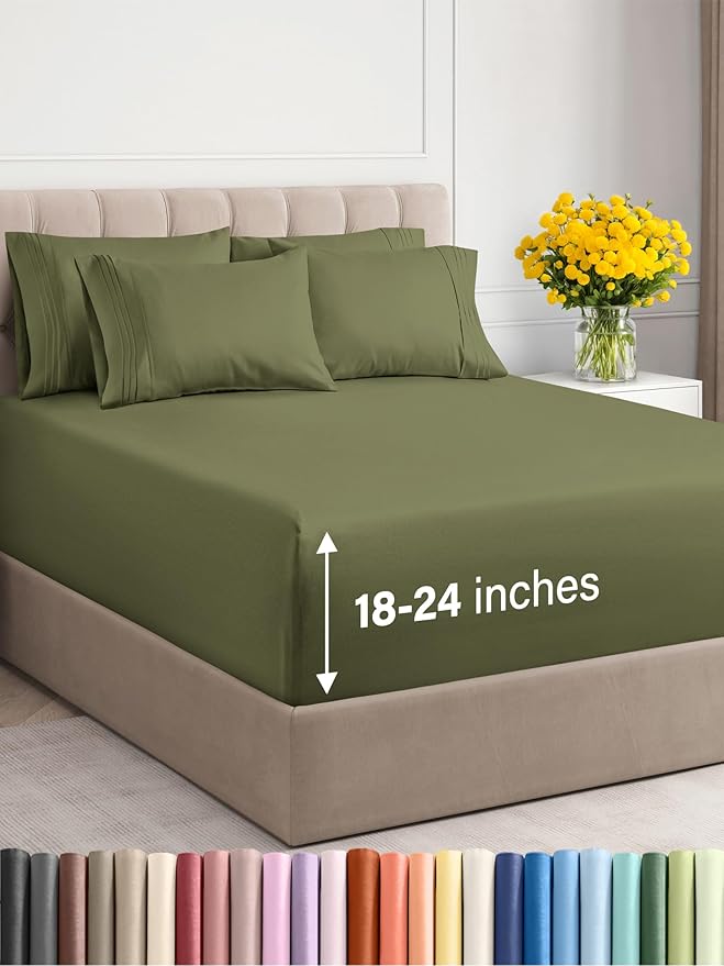 Extra Deep Queen Sheet Set - 6 Piece Breathable & Cooling Sheets - Hotel Luxury Bedding Set with 18-24 Inch Extra Deep Pockets - Easy Fit - Super Soft, Wrinkle Free and Comfy - Sage Green, Queen Size