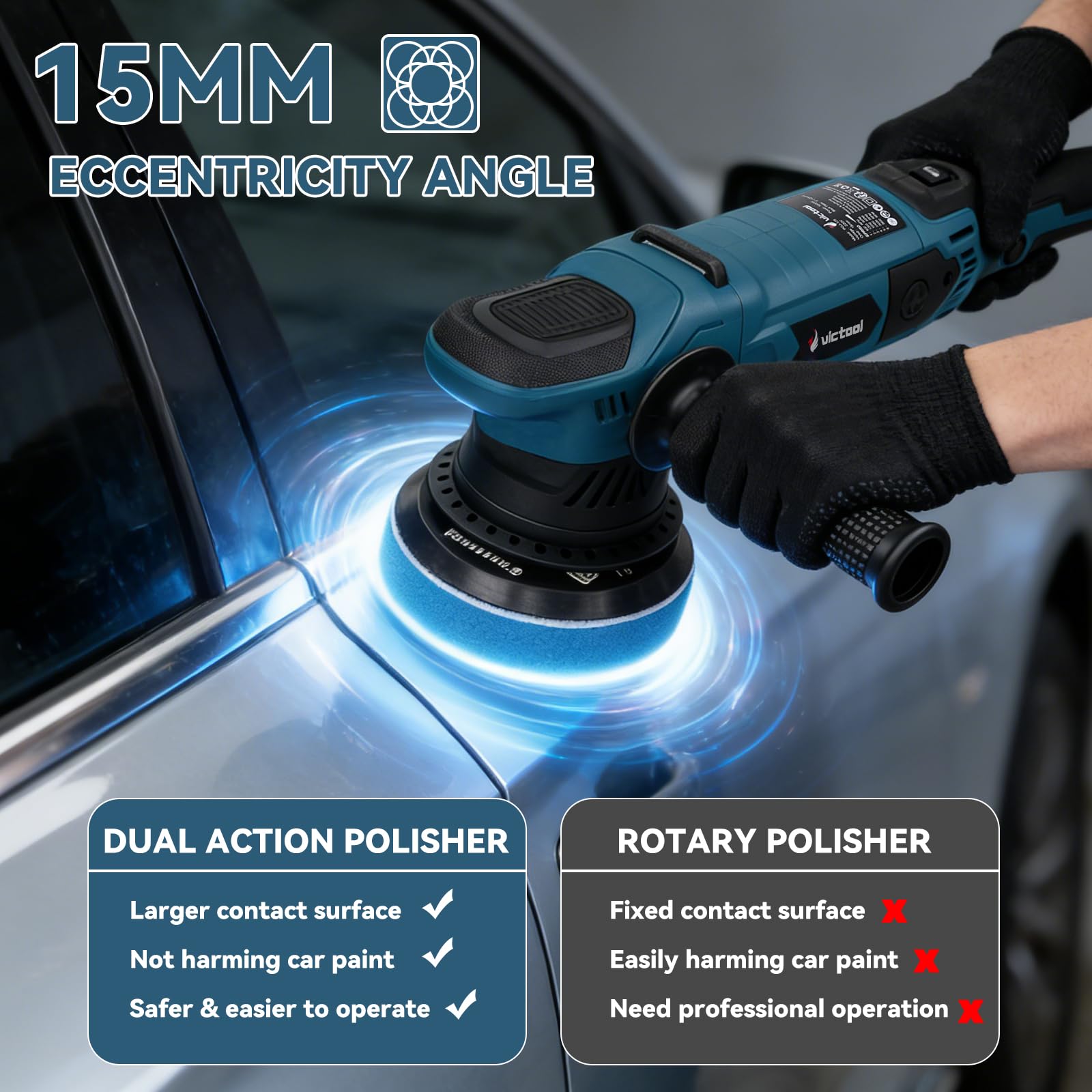 Pulidora con motor de cepillo de 1500 W, seis velocidades precisas y cinco discos de pulido, apto para pulir, reparar y sellar. Manejo estable gracias a sus dos asas.