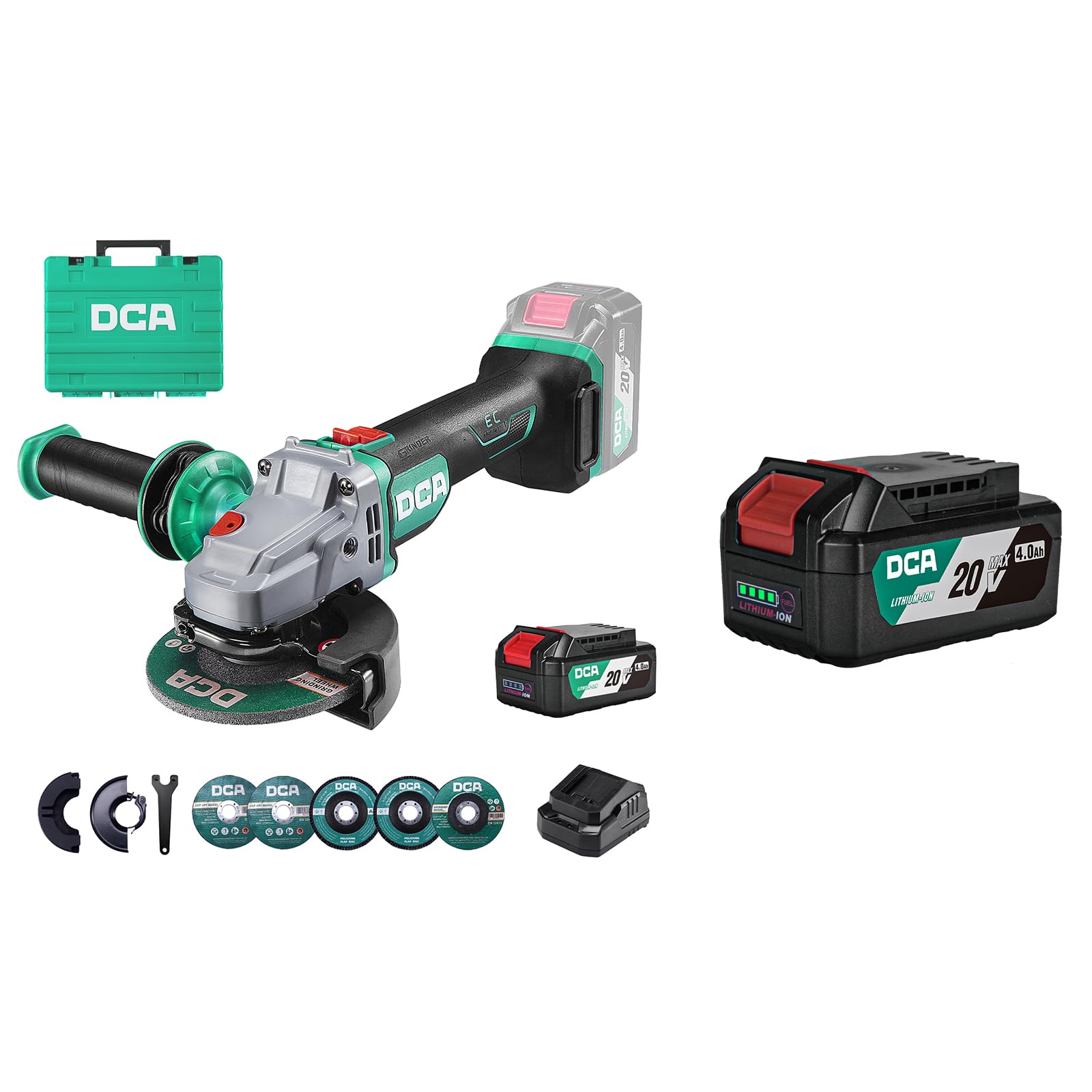 DCA Smerigliatrice Angolare a Batteria Brushless 20V, Ø125mm, incl. Batteria 4.0Ah*2 & Caricabatterie Rapido, 8500 giri/min. con Coperchio a Sgancio Rapido, 6 Dischi per Taglio, Smerigliatura