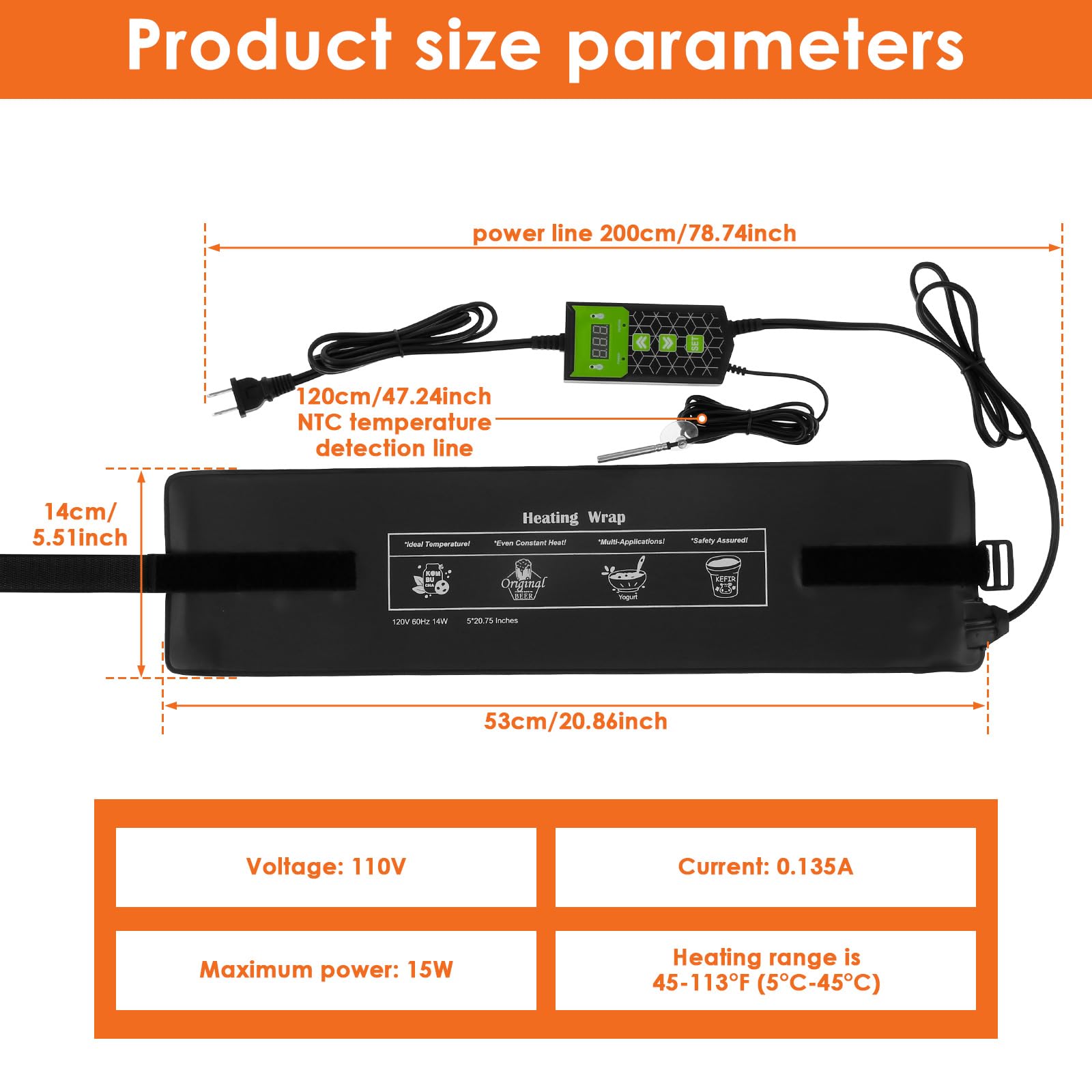Kombucha Heating Wrap, Even Heating Kombucha Jar Heater Wrap, Waterproof Fermentation Heating Pad Fermentation Heater Wrap with Precise Temperature Control for Home Fermentation 5.5×20.8in