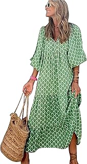 MessBebe Summer Dresses Women's Elegant V-Neck Summer Dress Boho Long Sleeve Floral Dress Midi Casual Summer Casual Dress