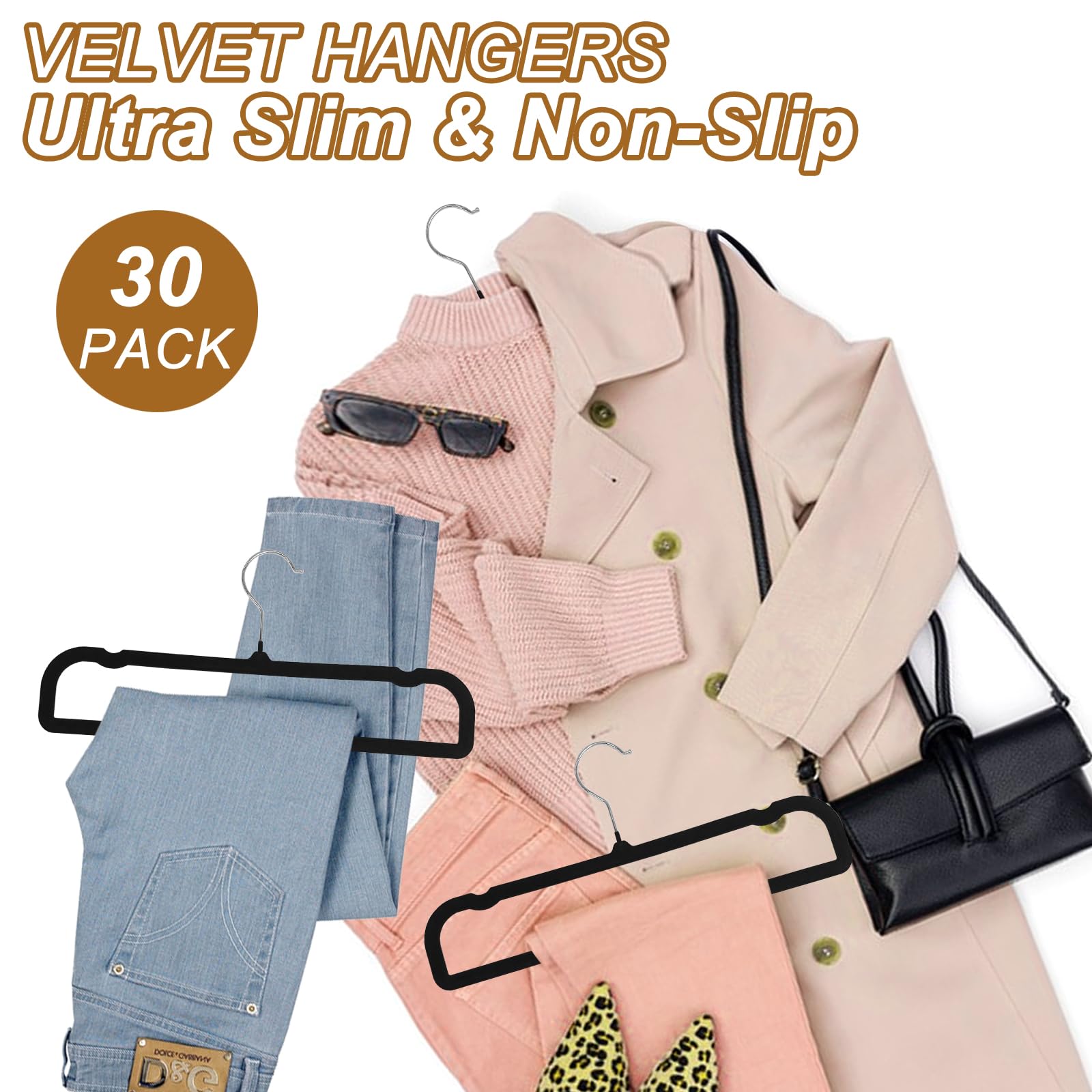 Perchas antideslizantes para pantalones, paquete de 30 perchas de terciopelo para armario con 30 ganchos, perchas delgadas y resistentes que ahorran espacio para pantalones, camisas, brasieres,