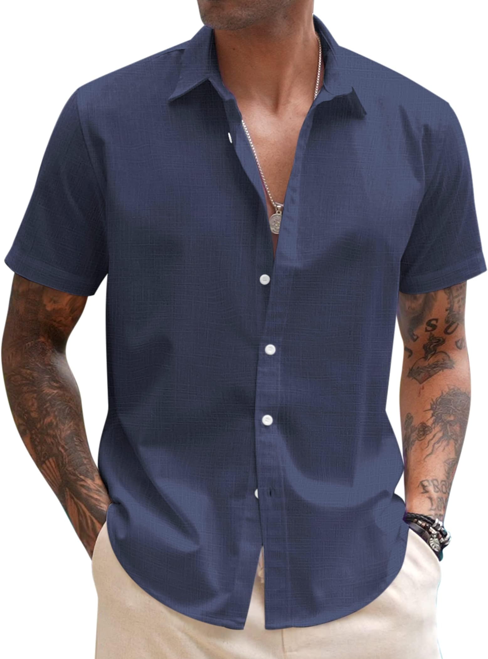 Mens Button Down Short Sleeve Beach Shirts Casual Summer Button Up Cruise Vacation Linen Shirt