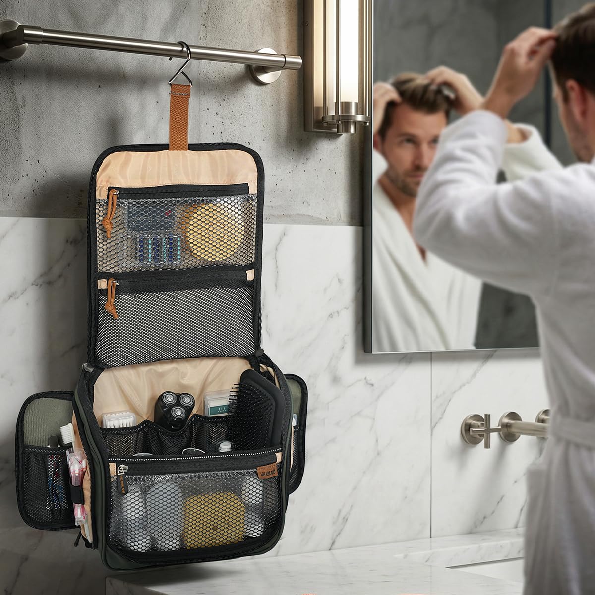 WELKINLAND Neceser colgante de 13 bolsillos, bolsa de aseo impermeable para hombre, kit de viaje grande para hombre, bolsa de viaje para baño, bolsa de viaje totalmente abierta para hombres, bolsa de