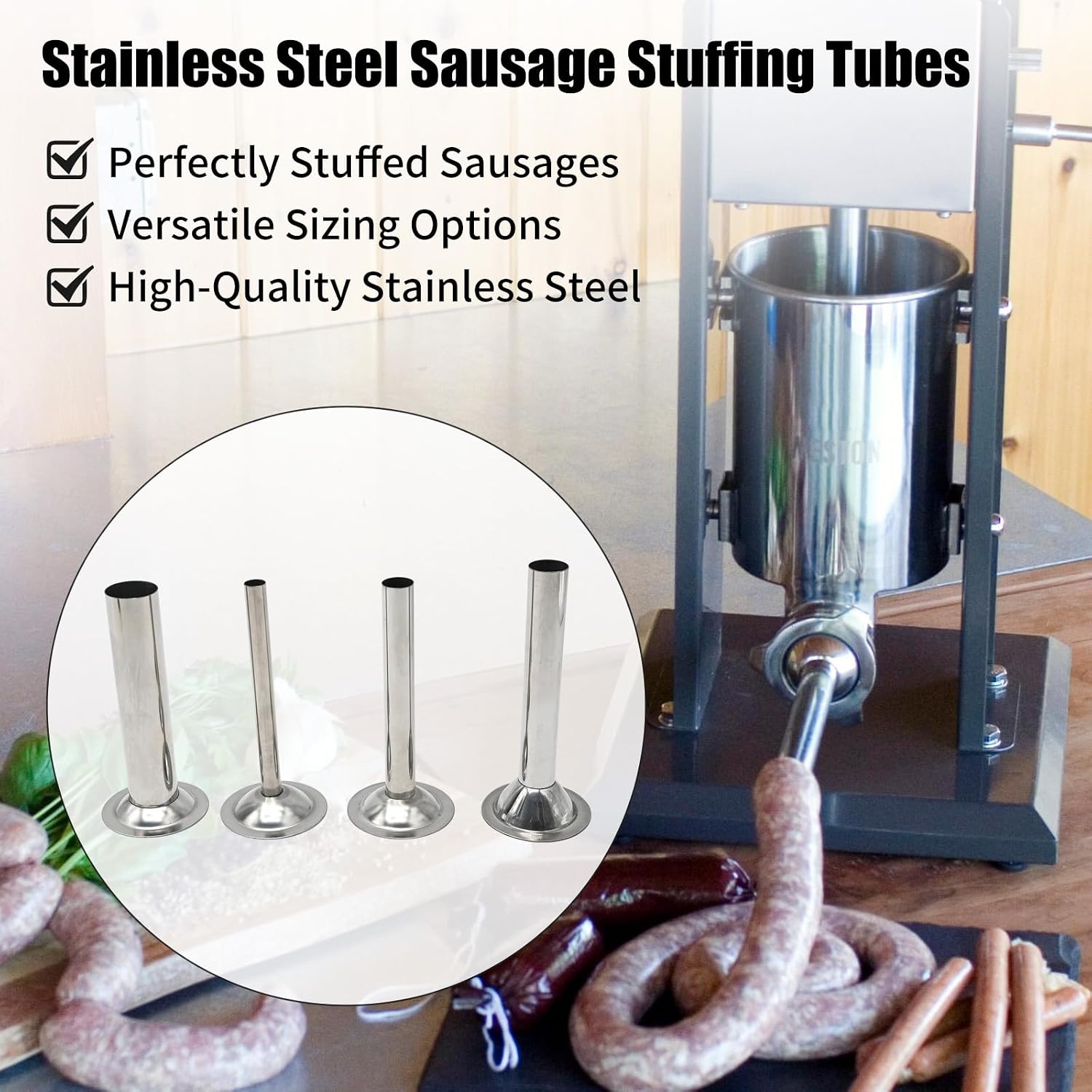 Saihisday Stainless Steel Sausage Stuffer Tubes Food Meat Grinder Attachment Stainless Steel Sausage Stuffer Tubes for Meat Grinder Set of 4 (#8)