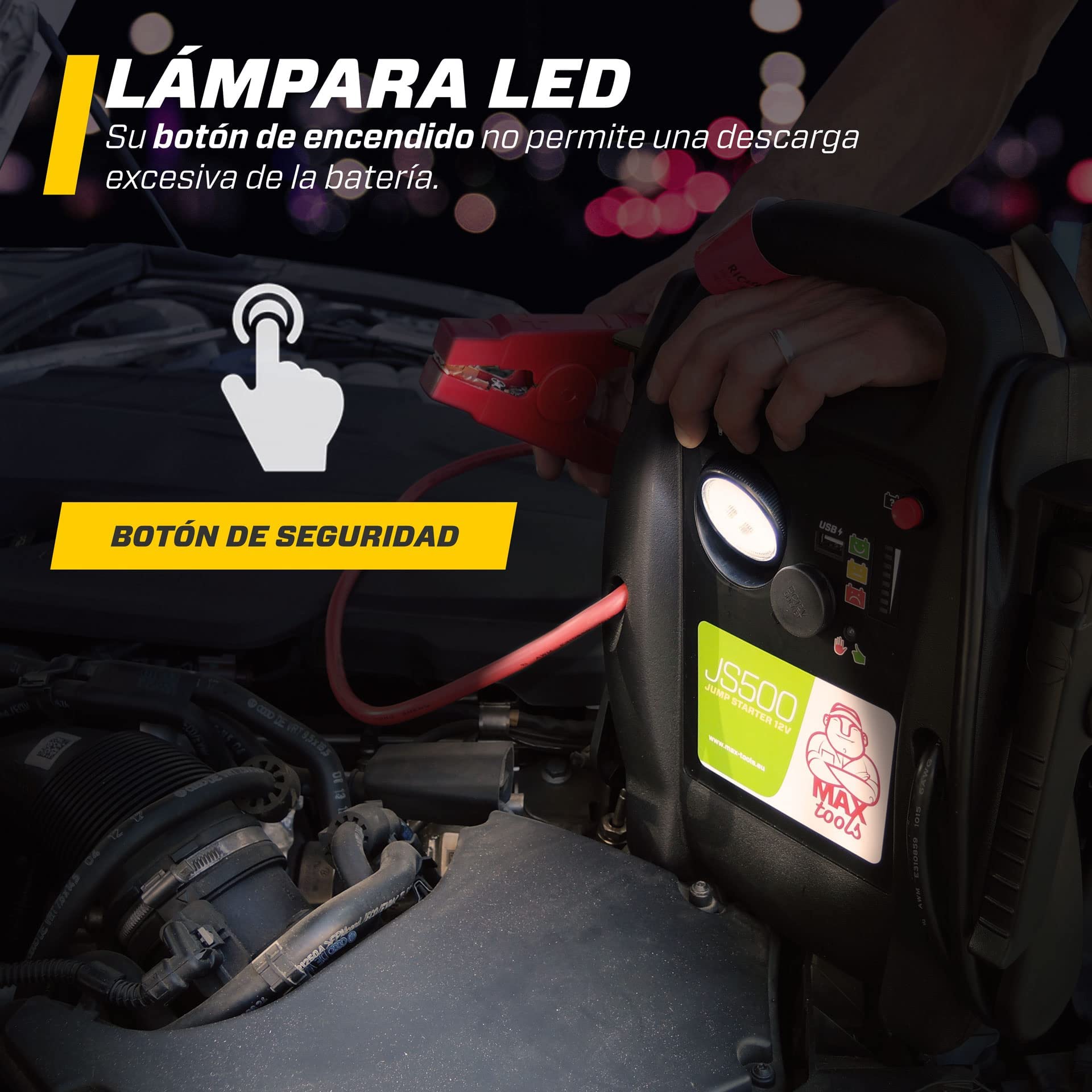MAXTOOLS JS500 2200 A 22 Ah, arrancador de emergencia para coches y furgonetas, motores diésel y gasolina de 12 V, arrancador, con linterna LED, puerto USB y cables de conexión