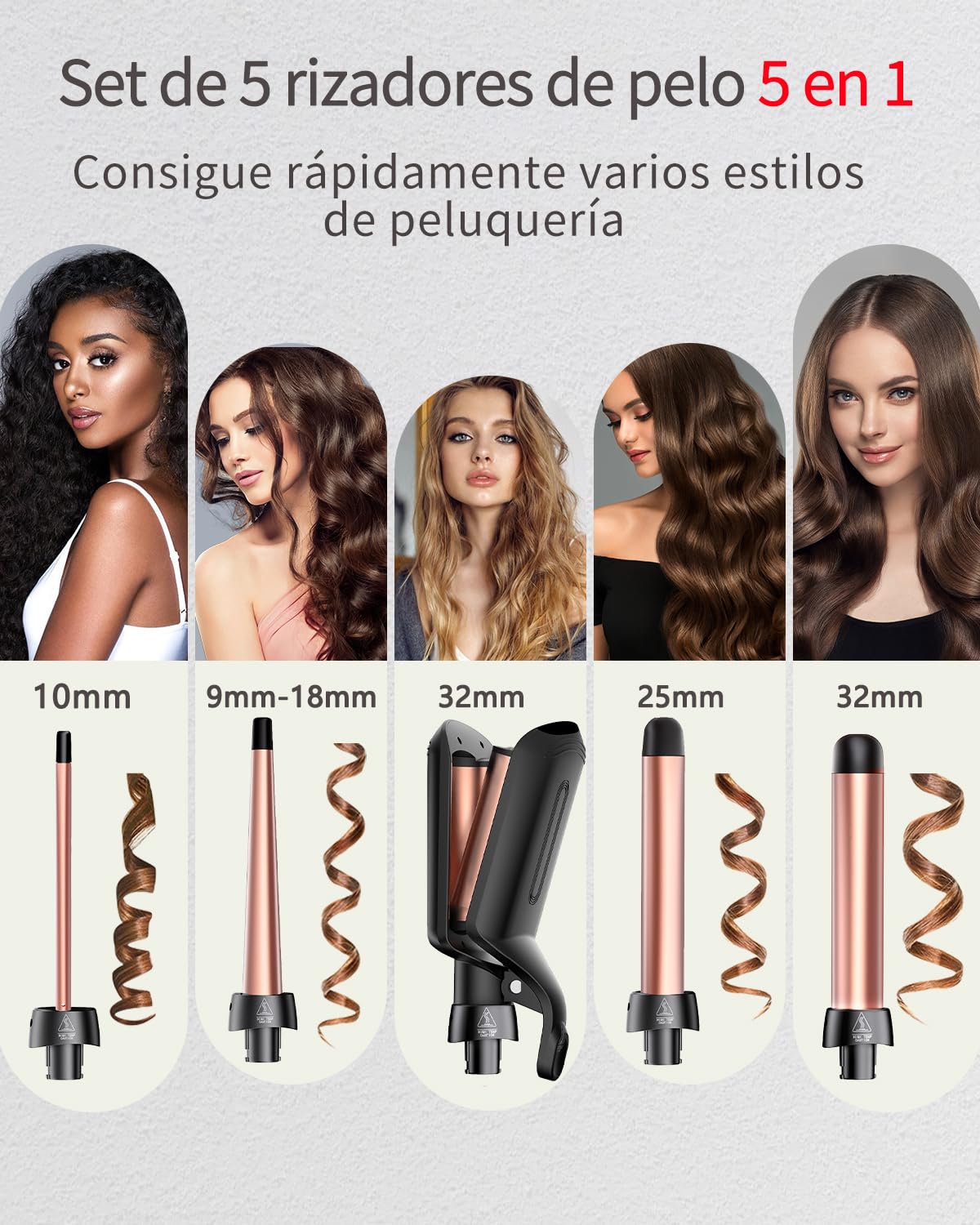 Rizador de Pelo 5 en 1, Set de Varilla para Rizar con Crimper Waver para Pelo y 4 Barriles Cerámicos Intercambiables (0.35"-1.25'') Calentamiento Rápido Doble Voltaje Rizador de Pelo Regalos