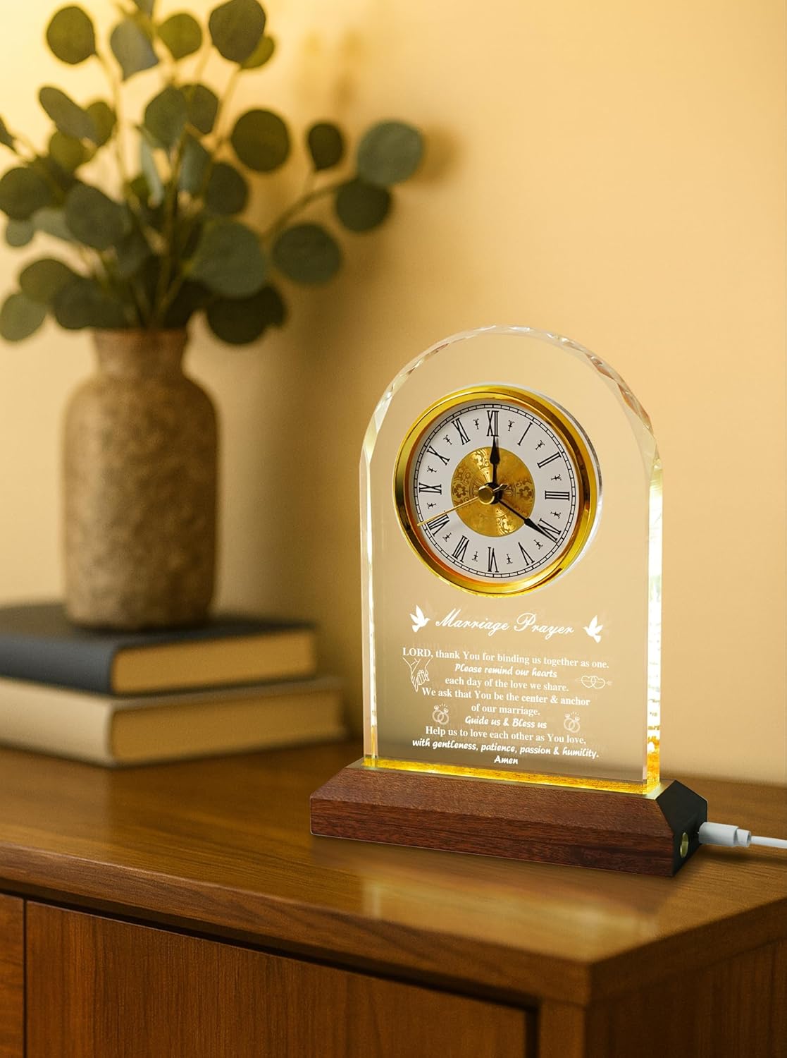 Wedding Gifts for Newlyweds Couples — Elegant Glass Desk Clock with Wooden Light Base, Marriage Gift for Bride & Groom, Mr and Mrs Keepsake, Engagement & Bridal Shower Gifts, Gift Box & Card