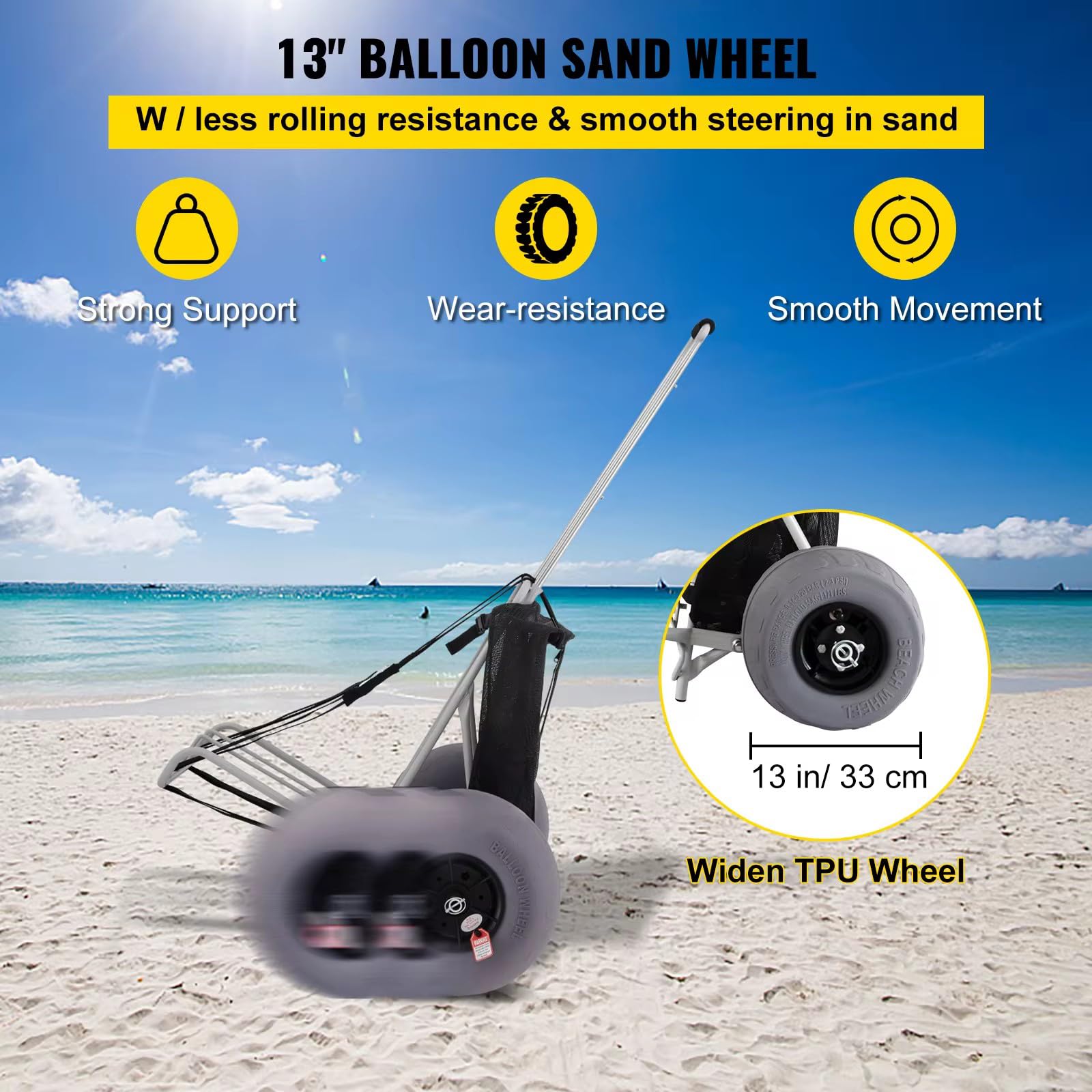 Wózek plażowy z TPU 30 cm z kółkami balonowymi, nośność 75 kg, regulowana wysokość do wędkowania i użytku na plaży, kompaktowy rozmiar 35 x 37 cm, idealny do przygód na świeżym powietrzu