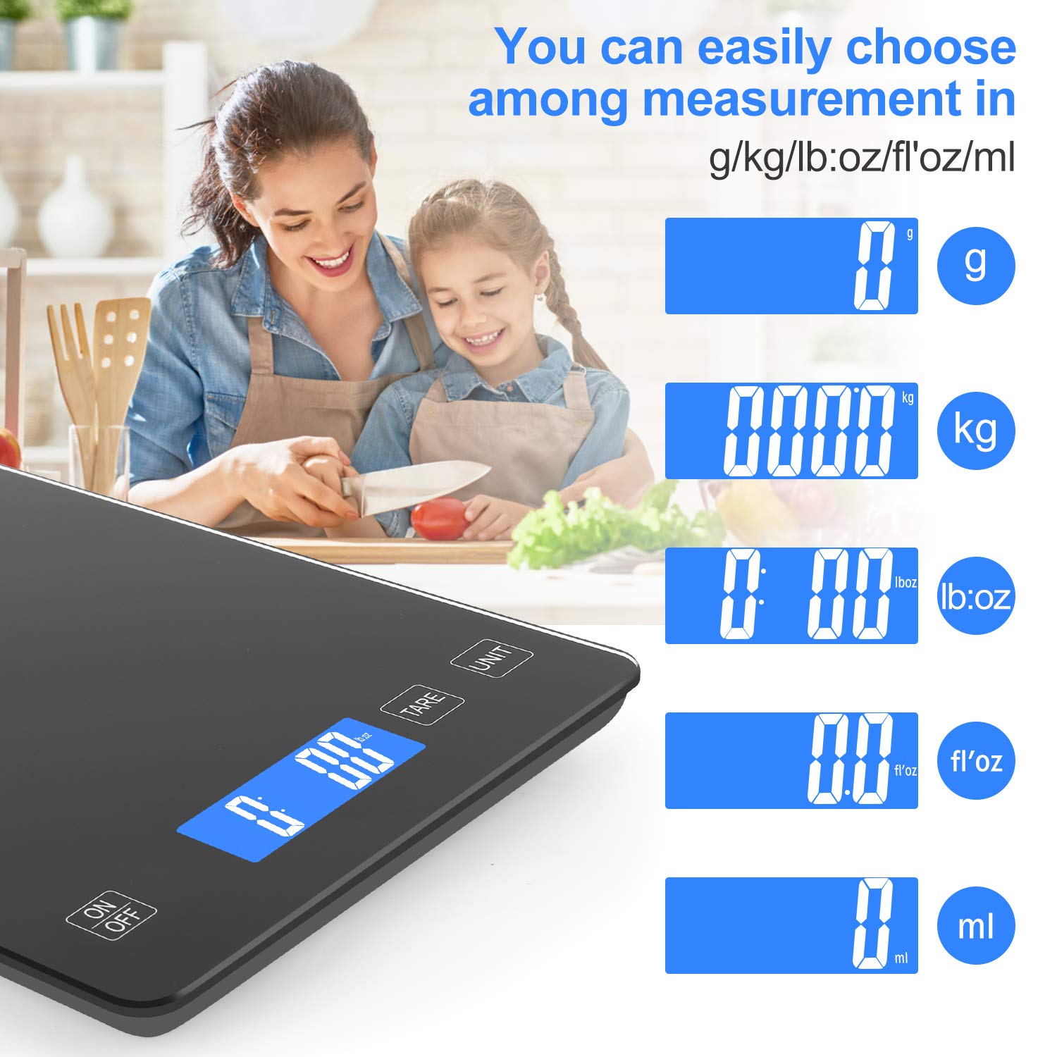 🔥 Zibet Rechargeable 33lb/15kg Digital Food Scale Kitchen Scale,1g/0.1 oz Precise Graduation,5 Units,Tare Function,Touch Button,Hook Design,Backlit LCD,Waterproof Tempered Glass Surface (Black)
