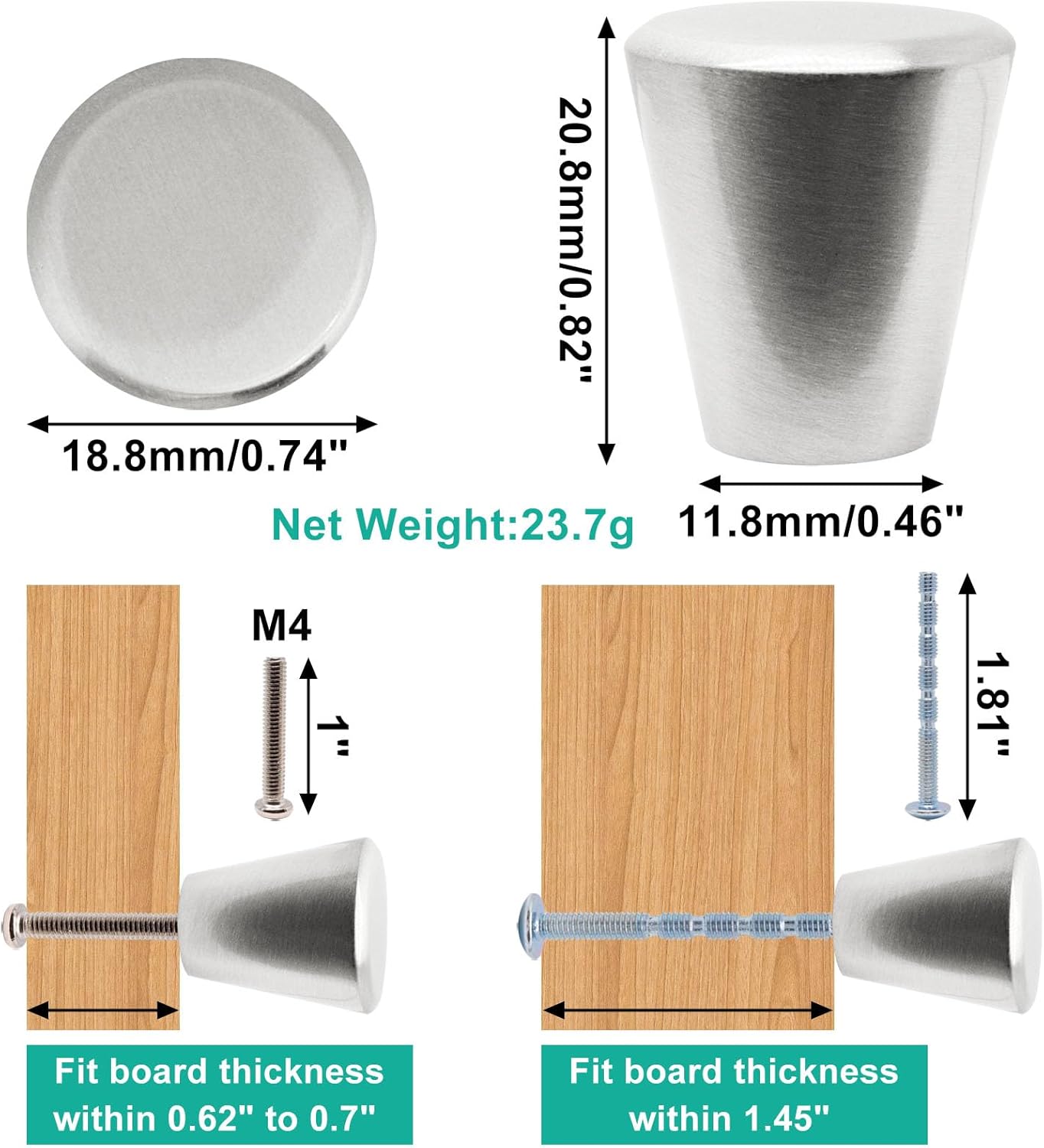 Cabinet Knobs 4pack, Small Gold Cone Dresser Knobs Dia. 3/4 inch Drawer Knobs Drawer Pulls Silver Knobs Dresser Handles for Kitchen Cupboard Cabinet Closet (Brushed Silver)
