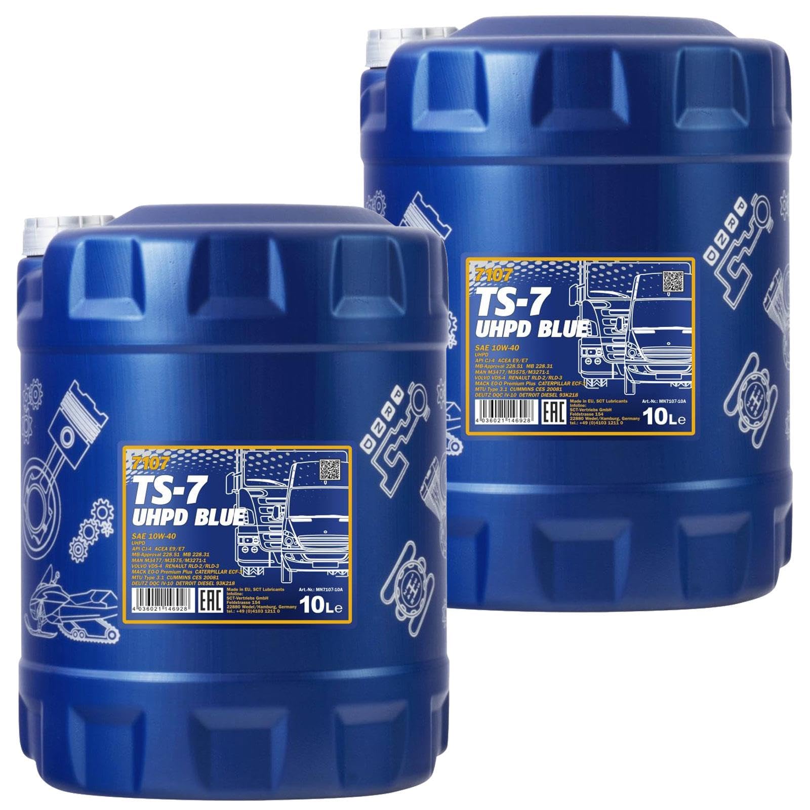 Mannol 2x MN7107-10 Motoröl (10 L) | 2x MN7107-10, Mannol 7107 Ts-7 Uhpd 10W-40 Blue