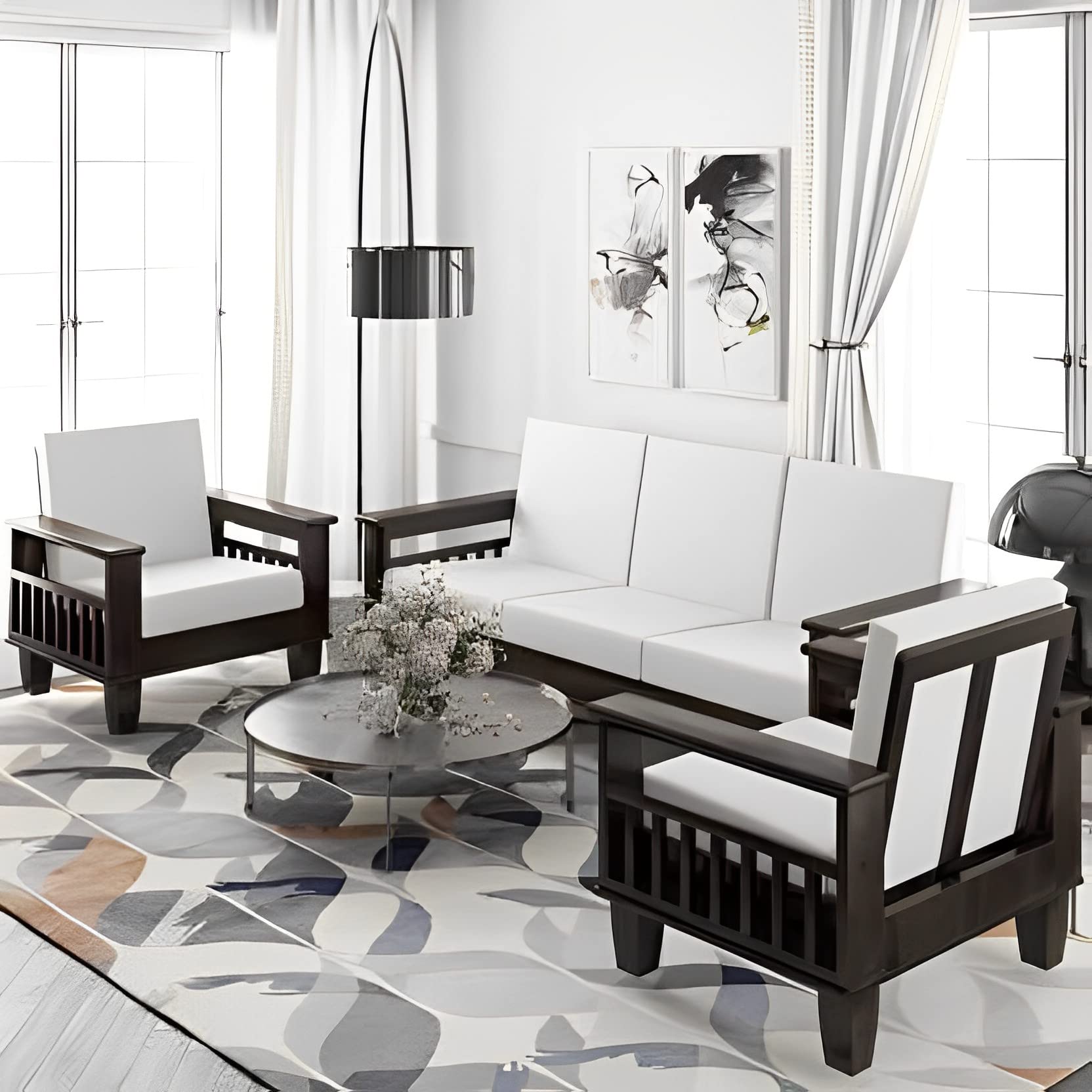 Douceur Furnitures Solid Sheesham Wood Wooden Frame Semi-Upholoestered 5 Seater Sofa Set Living Room & Ofice | Finish:-Walnut | Cushions:-Off -White-image-37