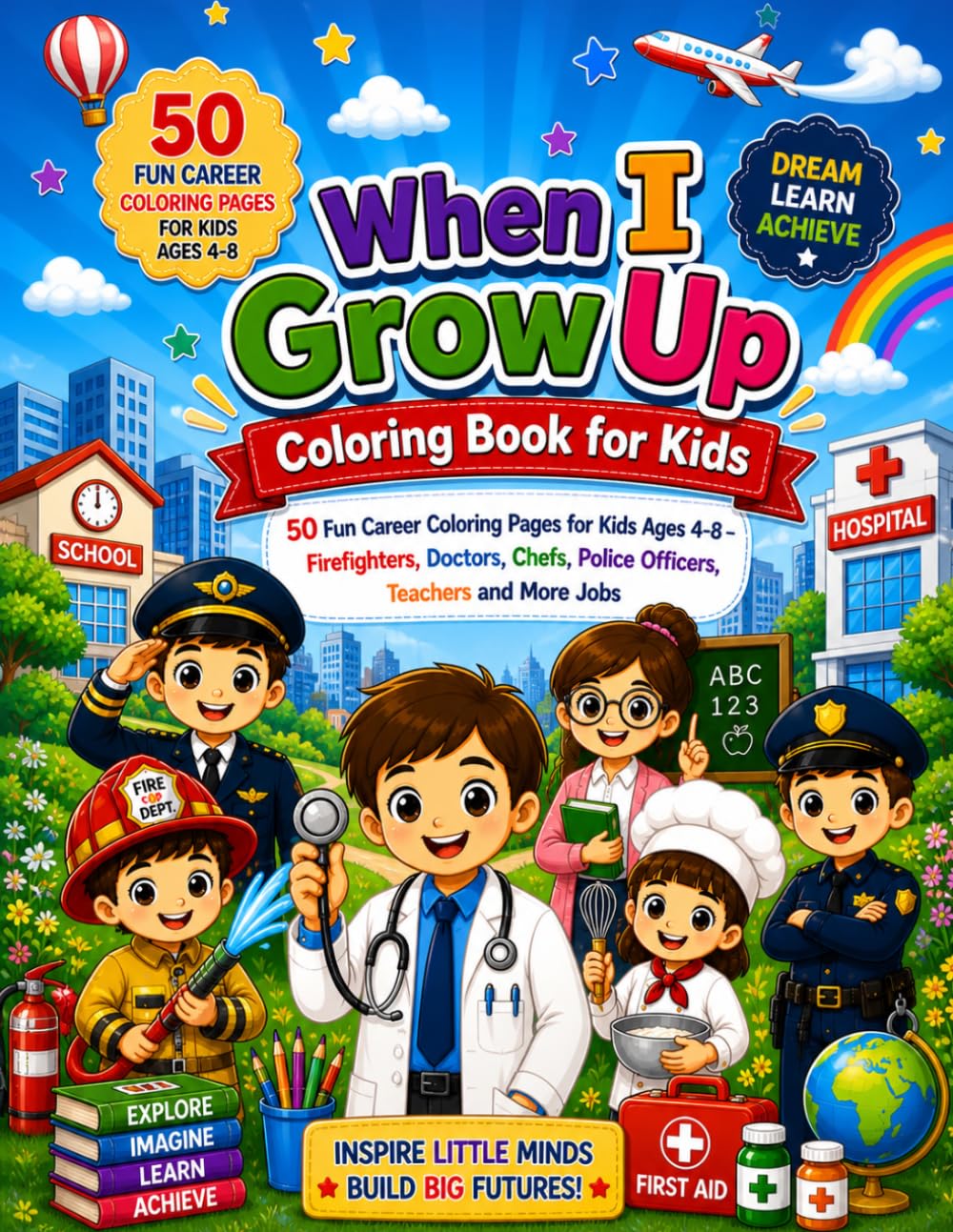 When I Grow Up Coloring Book for Kids: 50 Fun Career Coloring Pages for Kids Ages 4-8 – Firefighters, Doctors, Chefs, Police Officers, Teachers and More Jobs