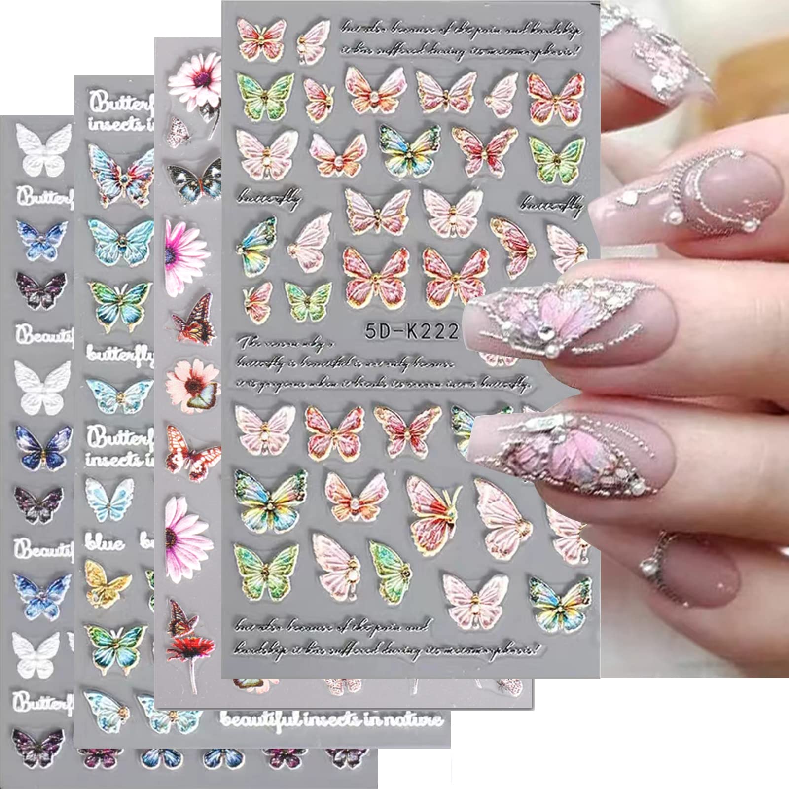 YOSOMK Flower Nail Art Stickers 5D Embossed Nail Decals Colorful Butterfly Nail Accessories Supplies 3D Self-Adhesive Nail Decoration for Women Nail Design（4 Sheets）