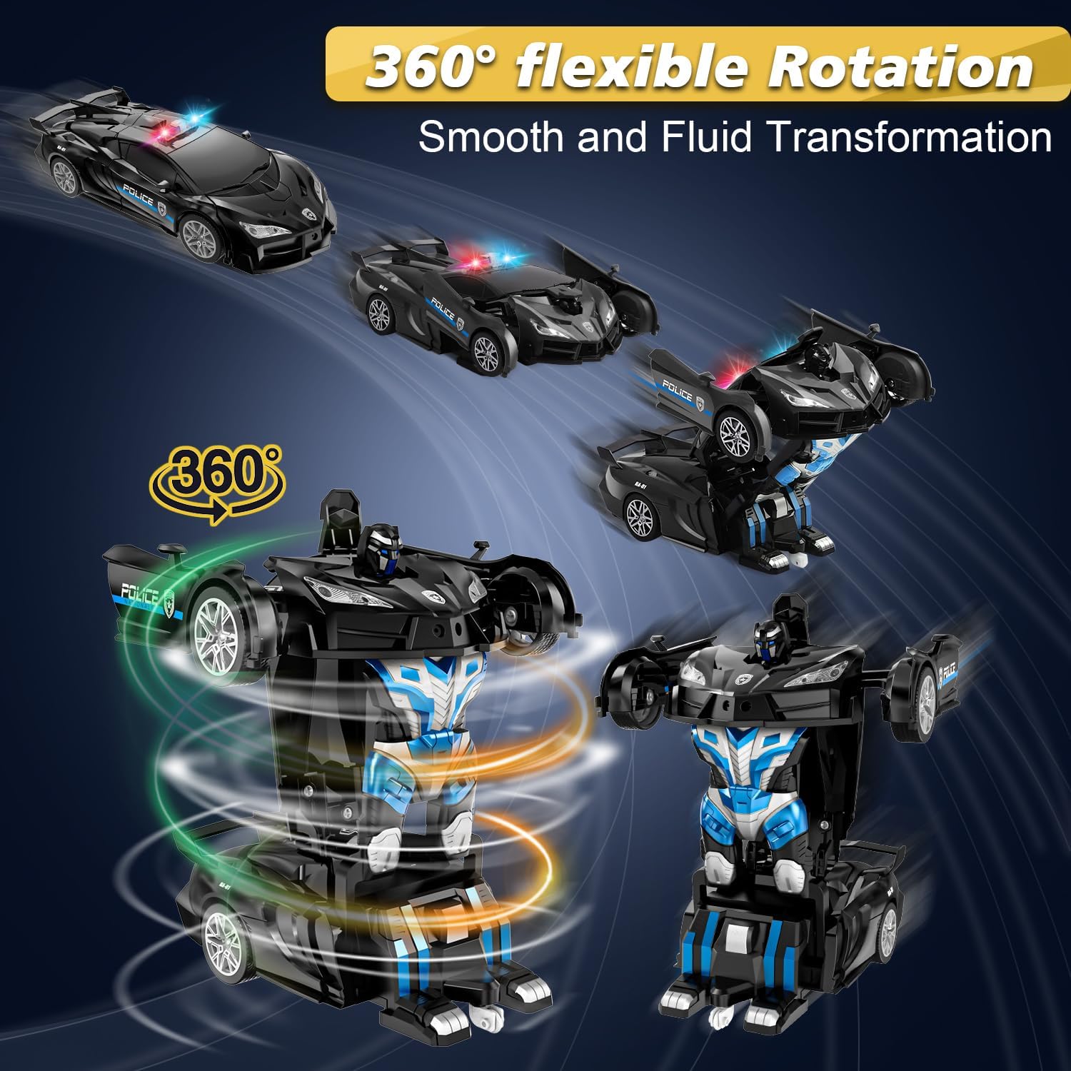 Remote Control Car with One Button Transformation, RC Cars Transforming into Robot Car, 2.4Ghz 360 Degree Rotation Police Car with Light, 1:18 Scale Transform Toys for Boys Girls Kids 4-7 8-12 6-8