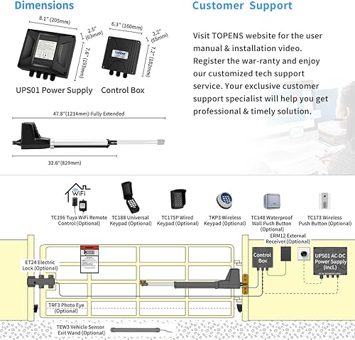 Miniatura 6 de TOPENS AT6131 Abridor de puerta oscilante simple Motor de puerta automático de servicio medio para puertas batientes individuales de hasta 18 pies,