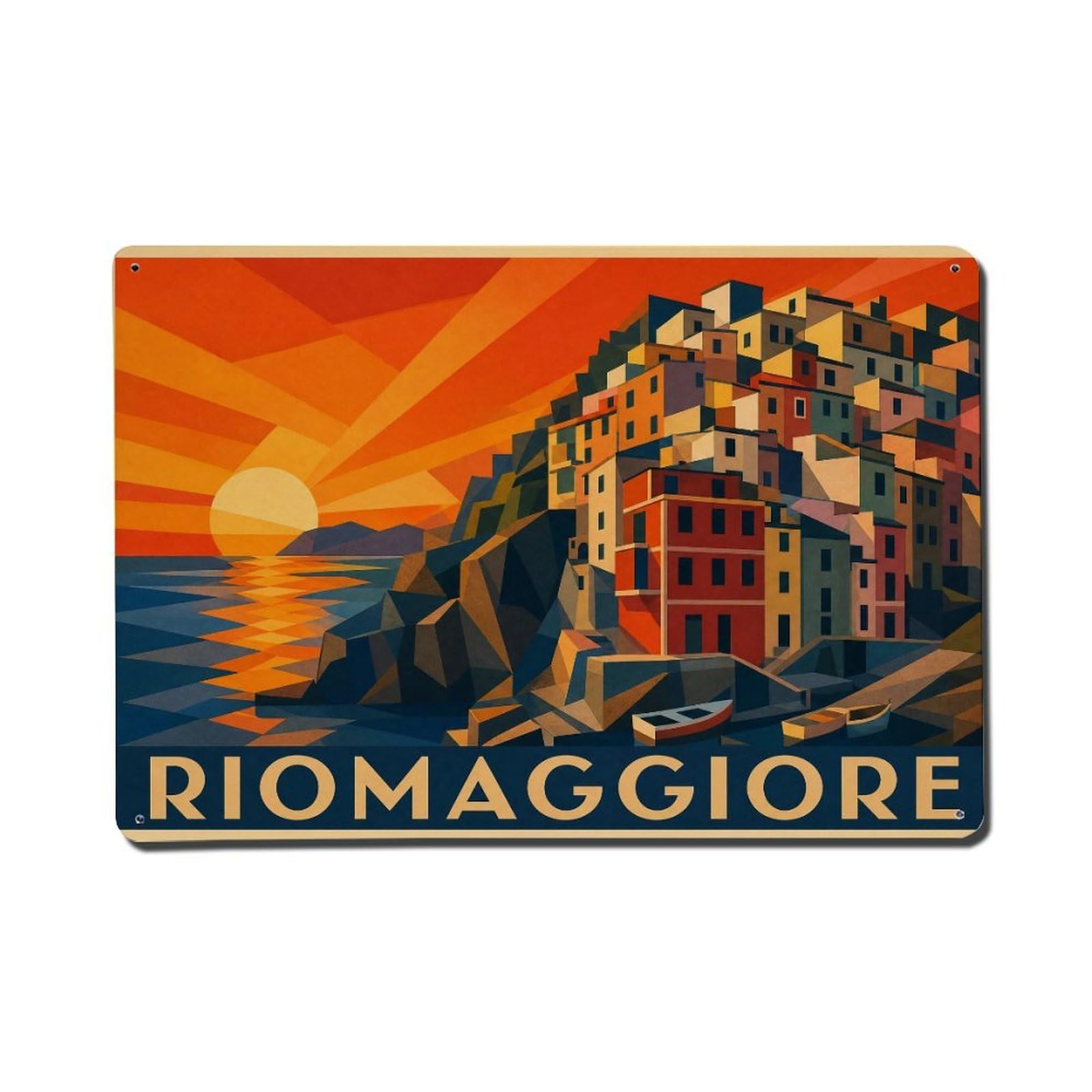 Vintage Travel Riomaggiore Sunset Orange Sky Village Metal Tin Sign