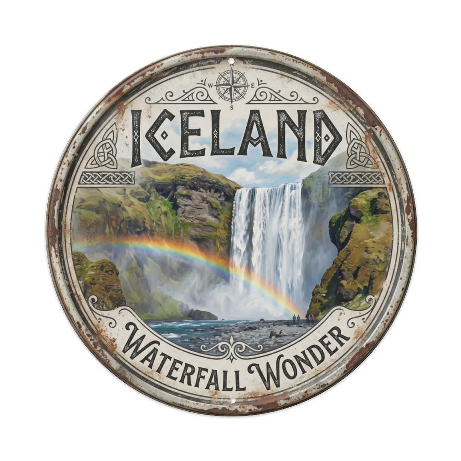 Vintage Travel Skogafoss Iceland Cascade Metal Tin Sign Plaque Wall Decor for Cafe, Club Bar, Office, Home Garden Round Metal Poster 8x8Inch
