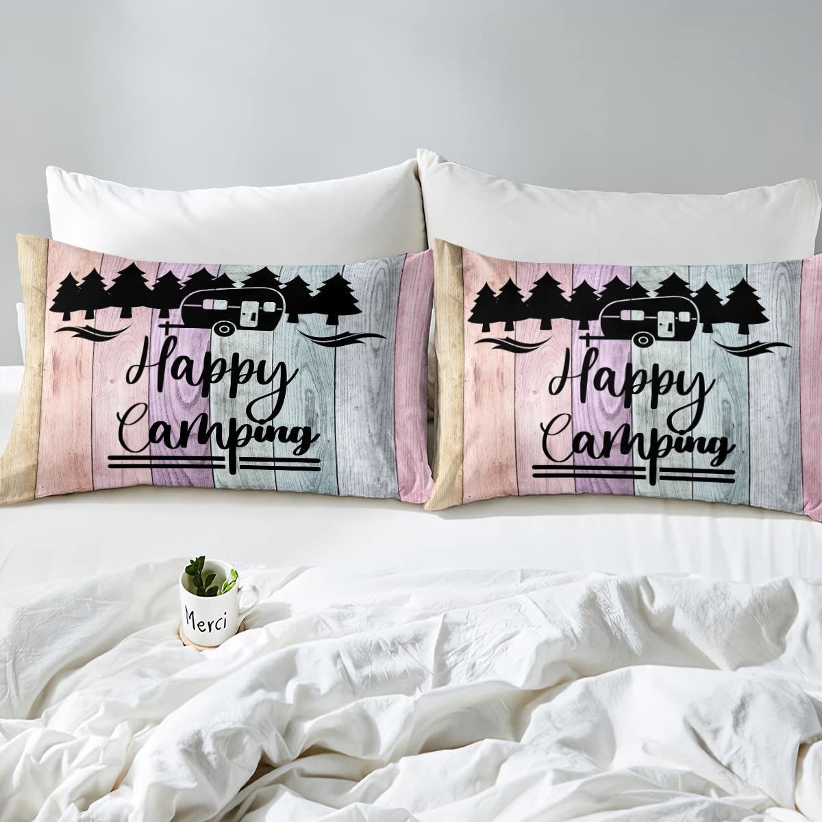 Happy Camping Bettwäsche 2-teilig 135 x 200 cm für Jungen Kinder Teenager Erwachsene Camper Bettbezug Vintage Alte Scheunentor Bettdecke Camping Bettwäsche-Set rustikale Bettset im Landhausstil