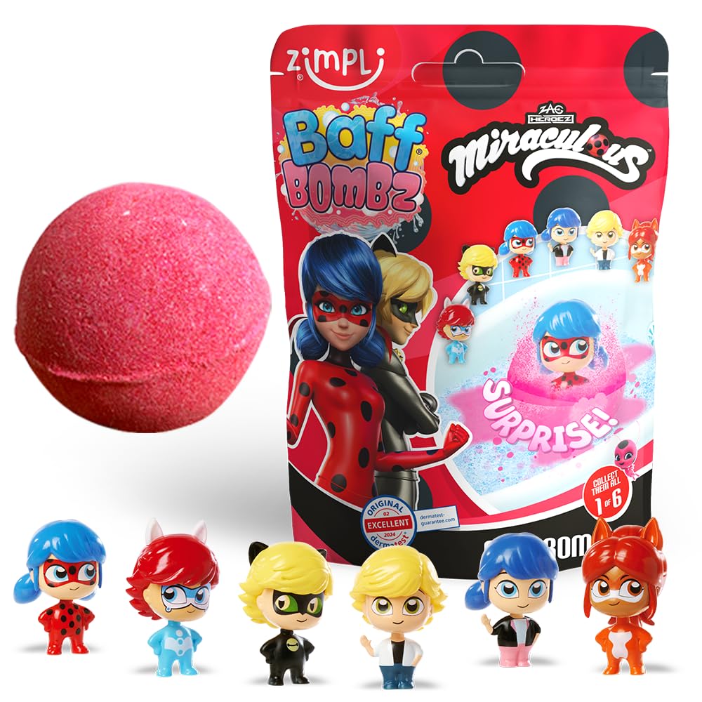 ZIMPLI - Large Miraculous Surprise Bath Bomb, 1 z 6 zabawek Miraculous do zebrania, 1 zabawka w każdej kuli Baff Bombz, kolekcjonerskie prezenty dla dziewczynek i chłopców