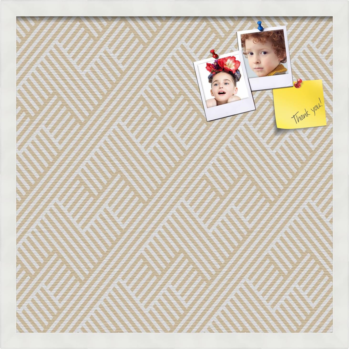 PinPix 20x20 inch Cork Bulletin Board. This Decorative Framed Pin Board Comes with Modeco Zig Zag Beige Design and Satin White Frame. Ideal for Home, Office Decor or School (PinPix-1534)