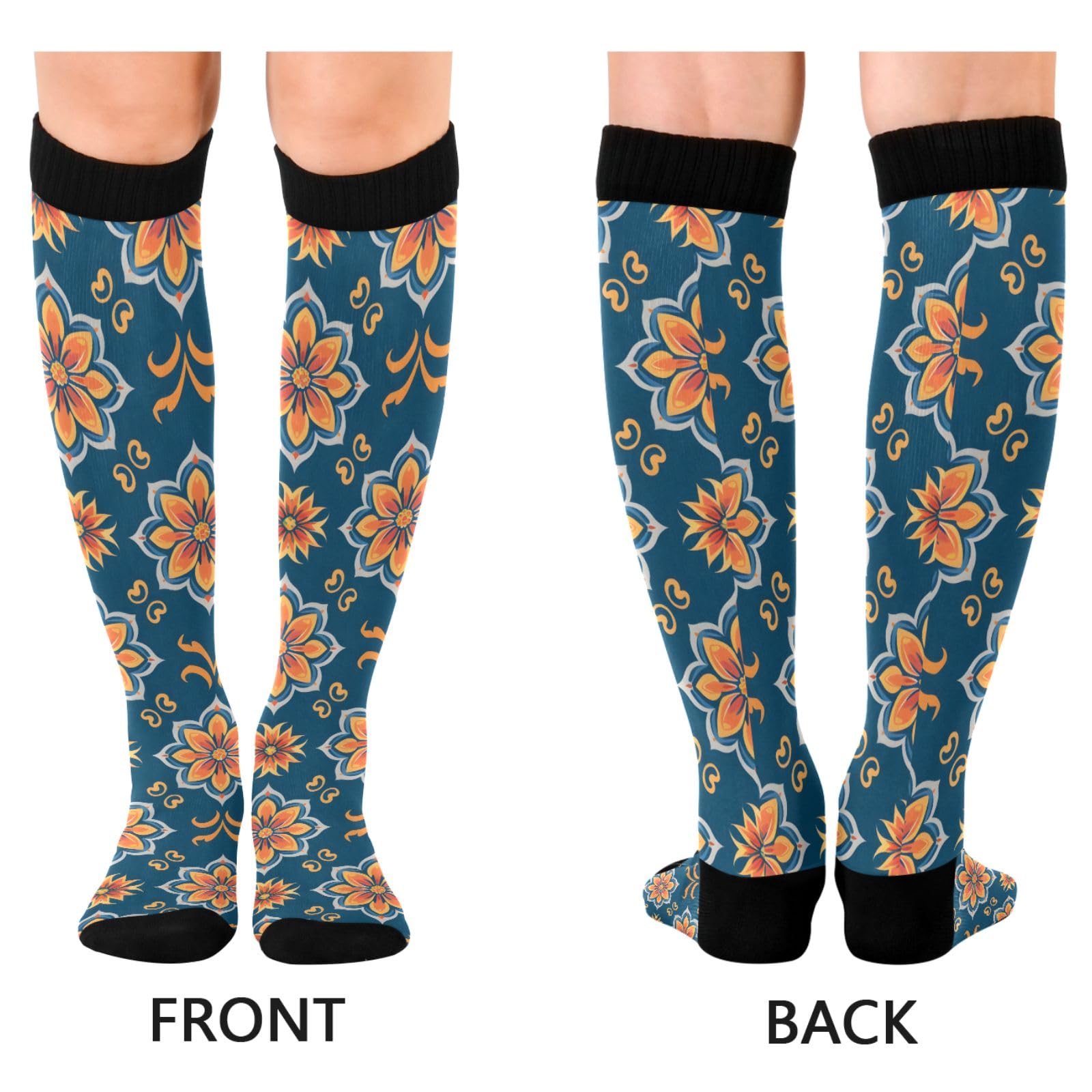 ALAZA Athletic Compression Socks Knee High Socks Stockings for Men European Floral Pattern Women Running Circulation Sport Football