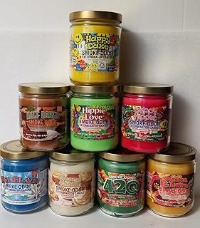 Smoke Odor Exterminator 13 oz Jar Candles Happy Daze, Assortment (8) Includes Happy Daze, Half Baked, Creamy Vanilla, 420, Hippie Love, Holiblaze, Peace & Love and Trippy Hippie.
