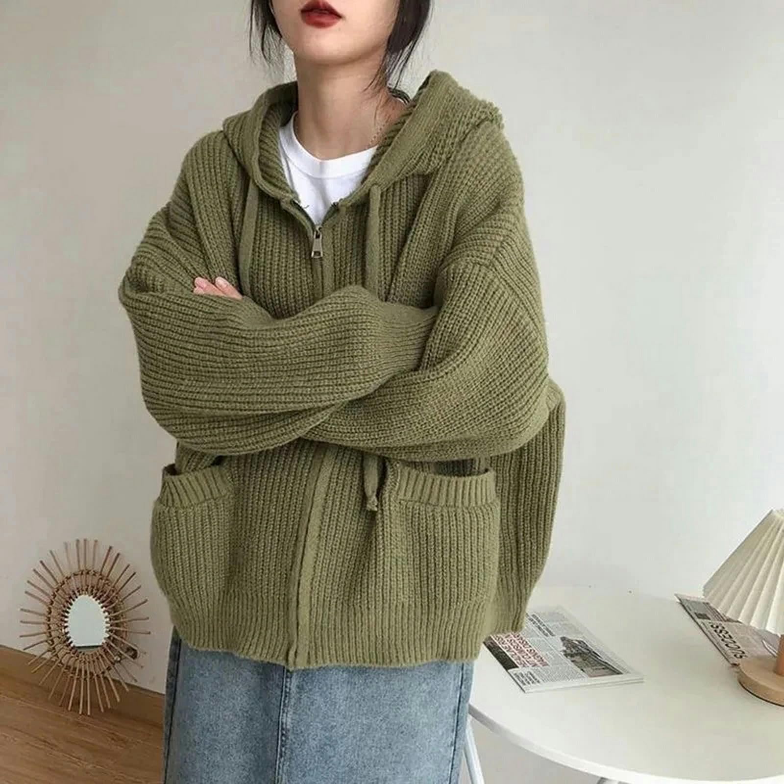 Sweter dla kobiet retro swetry z kapturem damski jednolity kolor dzianinowy sweter luźny swobodny kardigan płaszcz damski jesień zima