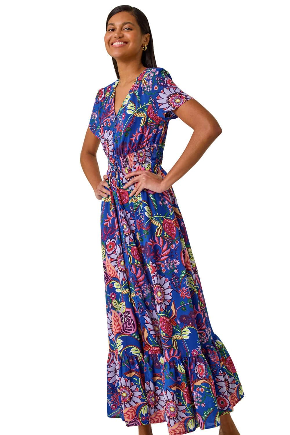 Roman Shirred Empire Waist Dress for Women UK Ladies Midi Maxi Summer Spring Tiered Frill Hem Short Sleeve V Neck Button Through Boho Bohemian Holiday Cruise