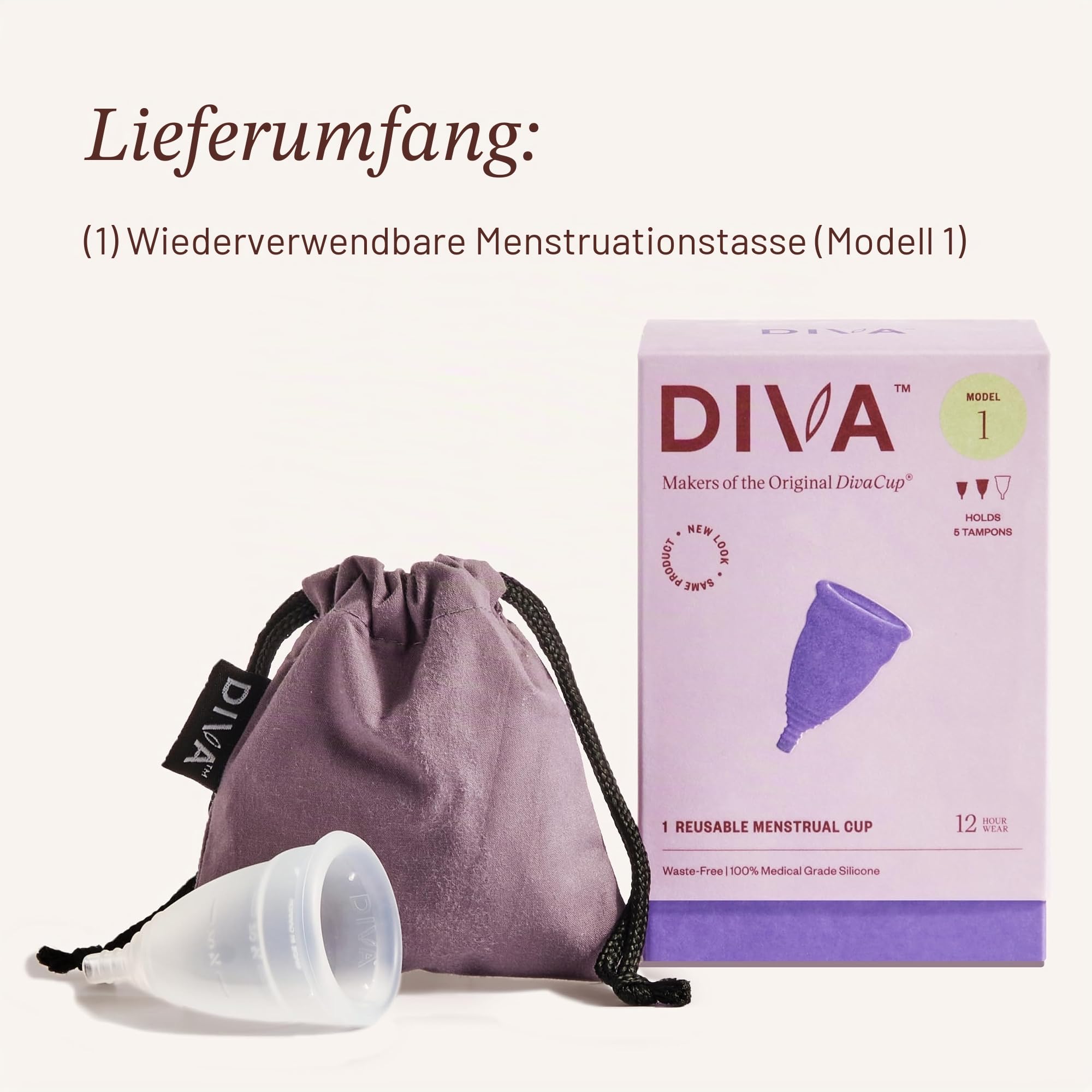 DivaCup Modell 1 Menstruationstassen. 100 % Silikon in medizinischer Qualität, BPA-frei. Sichere, auslaufsichere Alternative zu Damenbinden, Tampons.