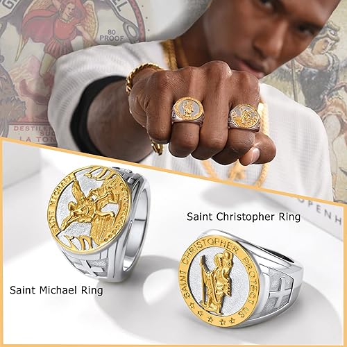 Miniatura 2 de PROSTEEL Anillo de San Miguel, anillo de San Cristóbal, el gran arcángel protector derrotando a Satanás, anillo de amuleto de acero inoxidable para