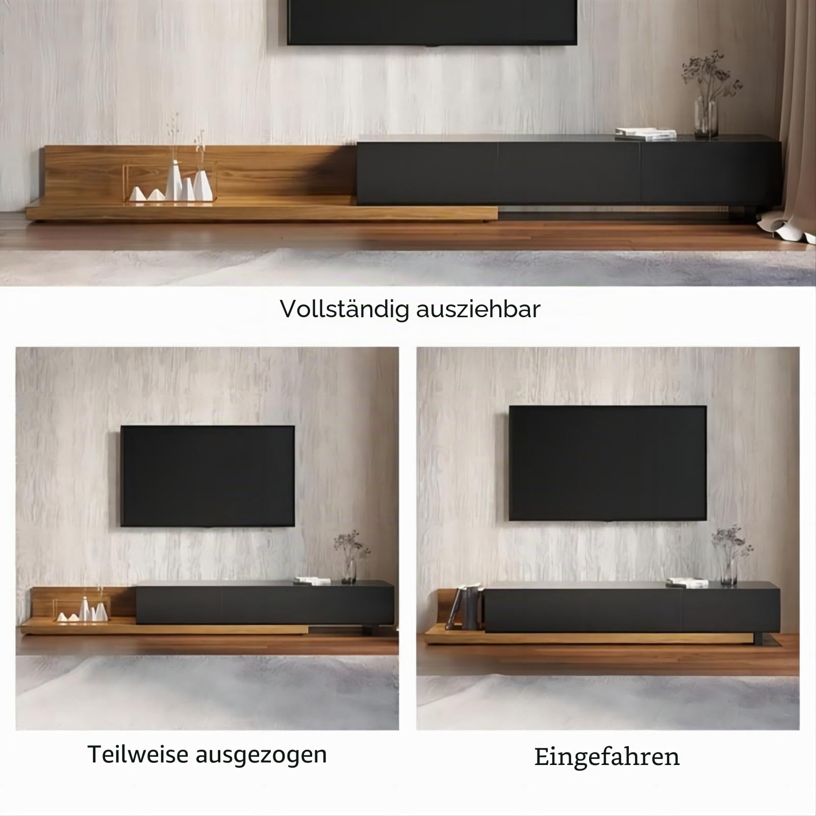 Homary Ausziehbarer TV-Ständer, ausziehbare Medienkonsole mit 3 Schubladen, modernes Entertainment-Center bis zu 120 Zoll (Schwarz & Walnuss)