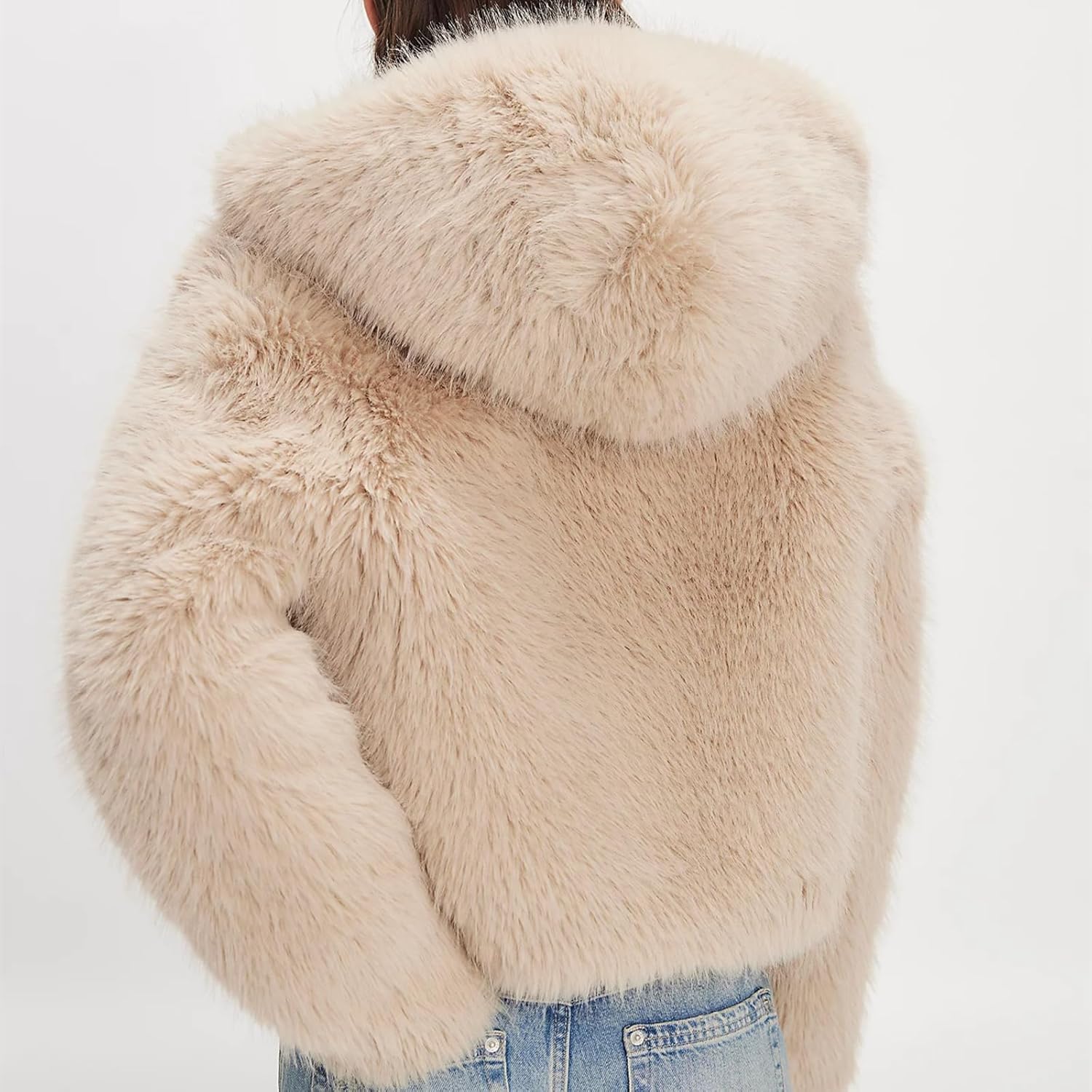 Karwuiio Women Faux Fur Coat Fluffy Long Sleeve Zip Hooded Open Front Shaggy Jacket Warm Short Outwear - Image 6