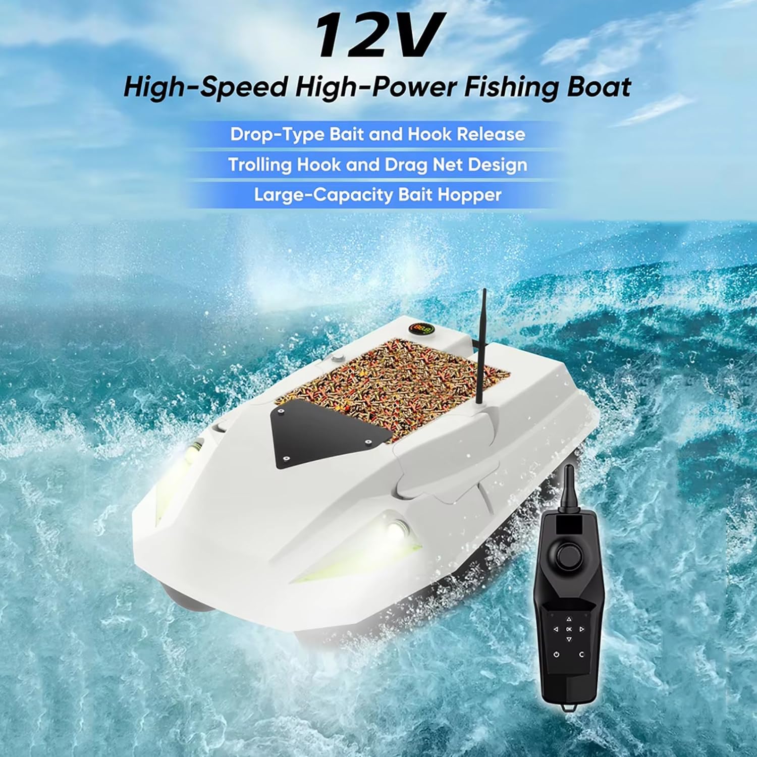 Bateau amorceur Peche Carpe 2025, Bateau de pêche appât avec GPS, 2 Batteries, veilleuses, positionnement 100 Points, Grand Compartiment à appâts d'une capacité de Charge de 2,5 kg