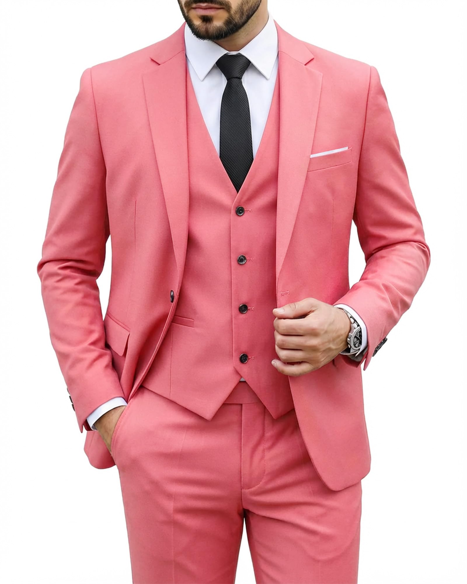 my's Men's 3 Piece Suit Blazer Slim Fit One Button Notch Lapel Dress Business Wedding Party Jacket Vest Pants & Tie Set Pink-picture-36