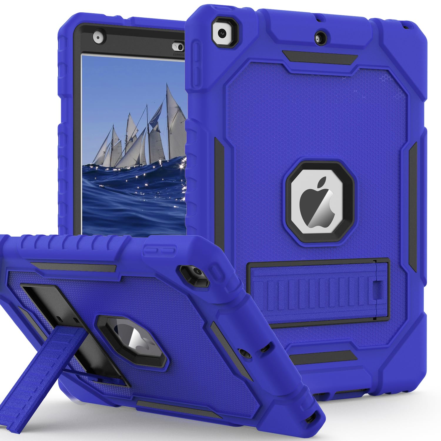 ZoneFoker Case for iPad 9th/8th/7th Generation 2021/2020/2019(10.2 inch), Heavy Duty Military Grade Shockproof Rugged Protective 10.2" Cover with Built-in Stand for iPad 9 8 7 Gen (Deepblue+Black)
