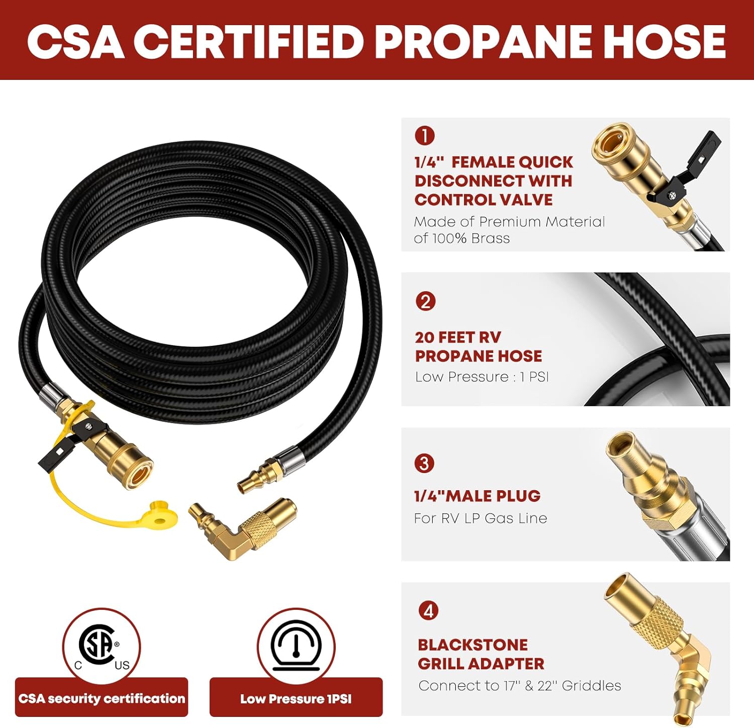20 FT RV Quick Connect Propane Hose for RV to Grill, LP Quick Connect Propane Hose with Elbow Adapter for 17" and 22" Blackstone Griddles, 1/4" Shutoff Valve & 1/4" Male Full Flow Plug